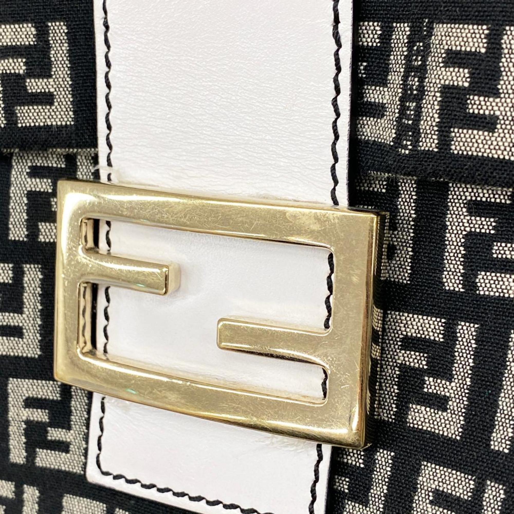 Fendi Shoulder Bag Zucchino Nylon Canvas Black White Champagne Women's