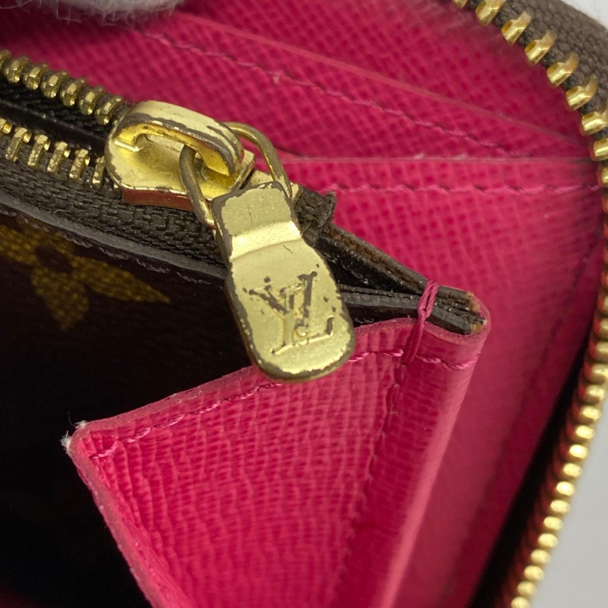 Louis Vuitton Long Wallet Monogram Flower Charm Portefeuille Clemence M68314 Brown Hot Pink Ladies