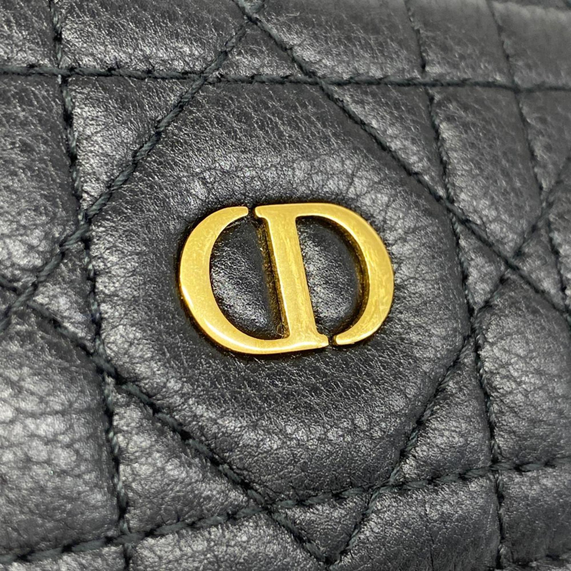 Christian Dior Business Card Holder/Card Case Cannage Caro Leather Black Women's