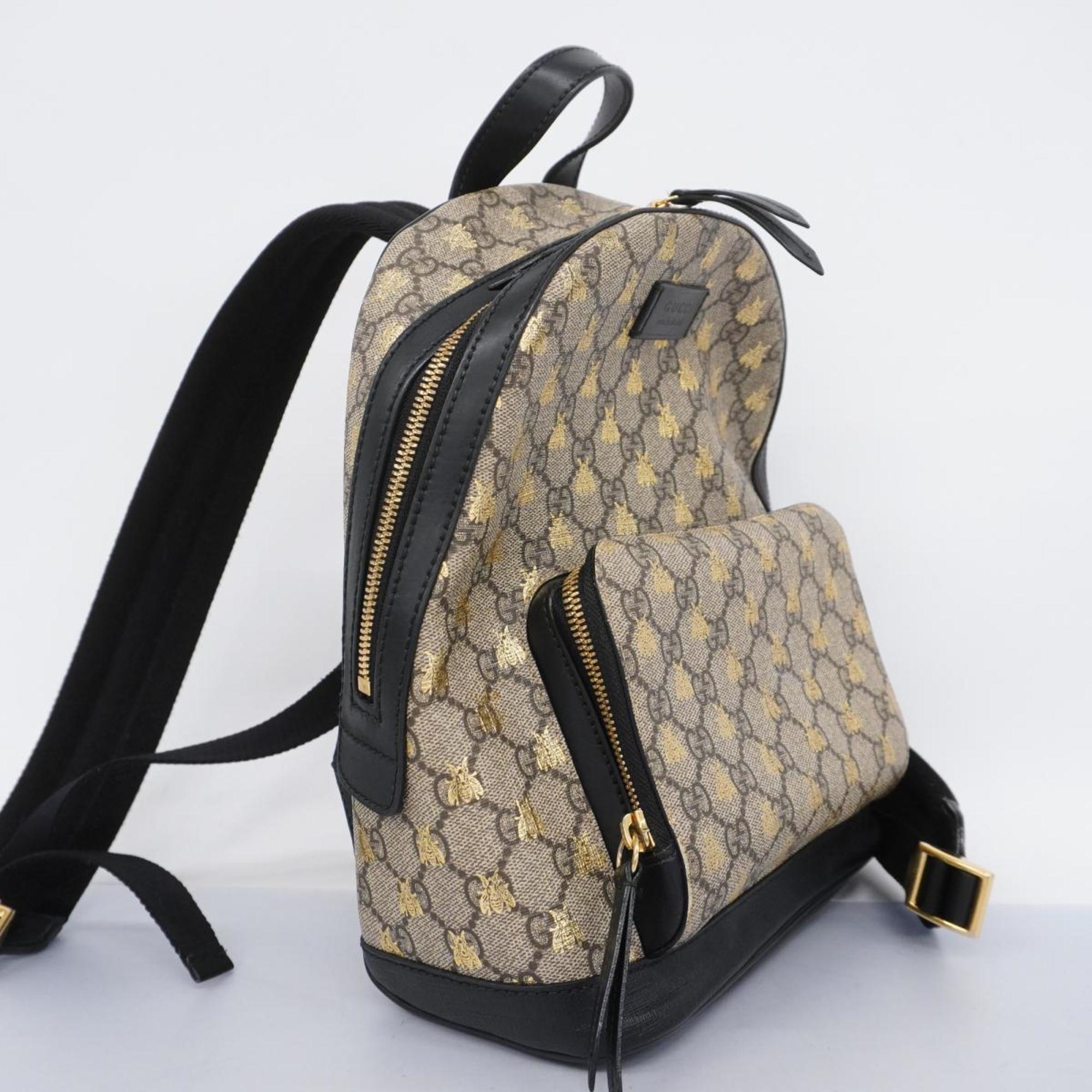 Gucci Backpack GG Supreme Bee 427042 Leather Brown Black Gold Women's