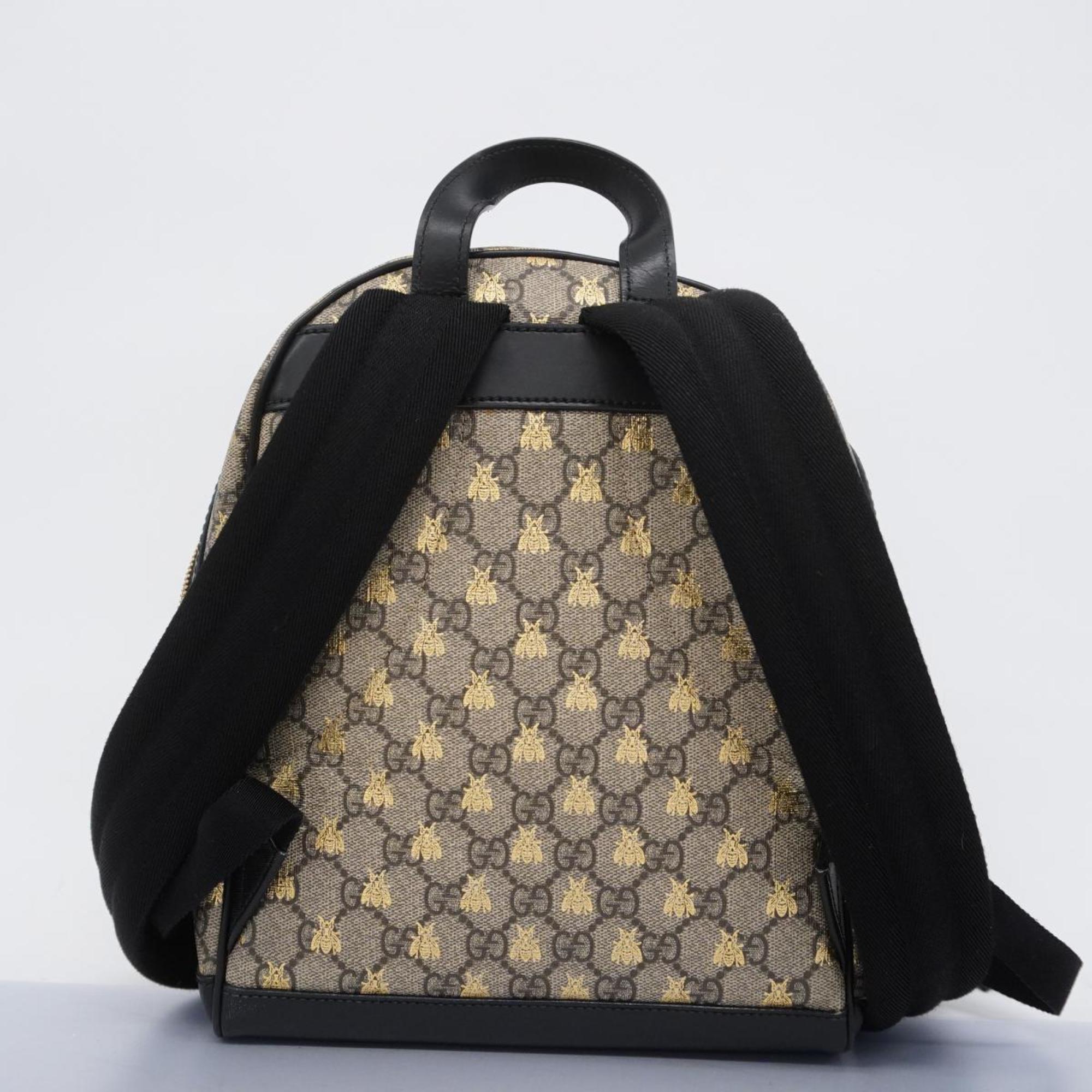 Gucci Backpack GG Supreme Bee 427042 Leather Brown Black Gold Women's