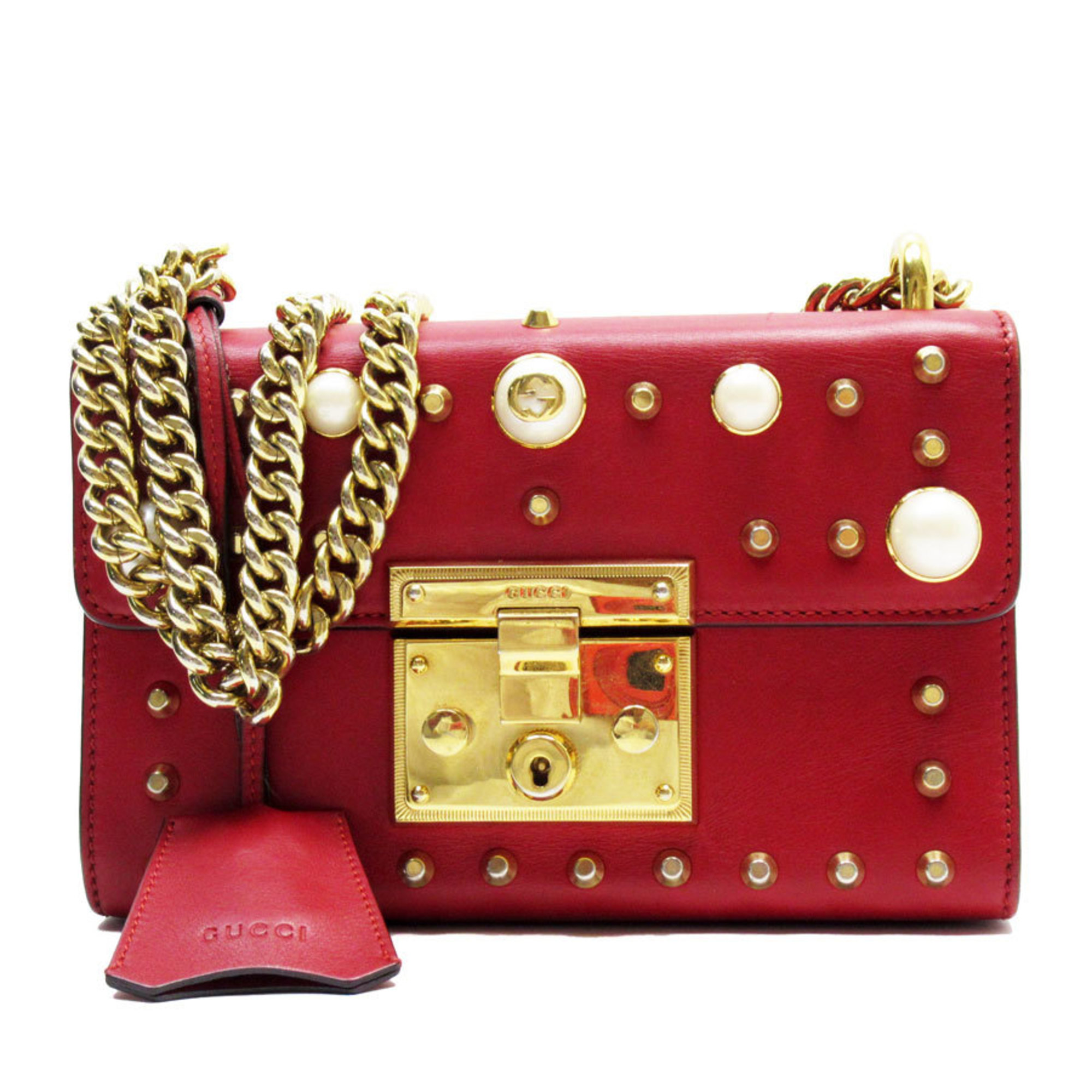 GUCCI Shoulder Bag Leather Faux Pearl Red Gold Women's w0751j