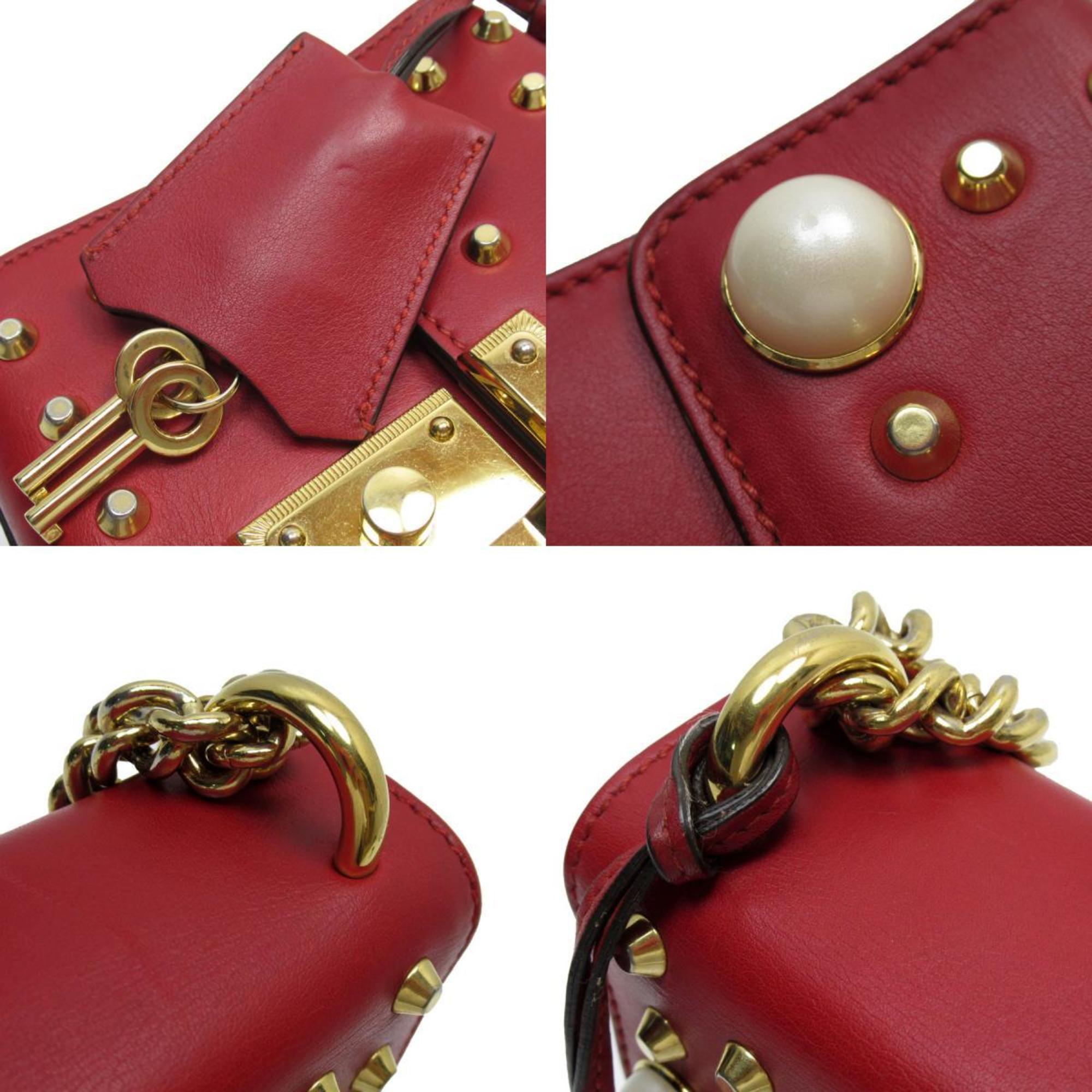 GUCCI Shoulder Bag Leather Faux Pearl Red Gold Women's w0751j