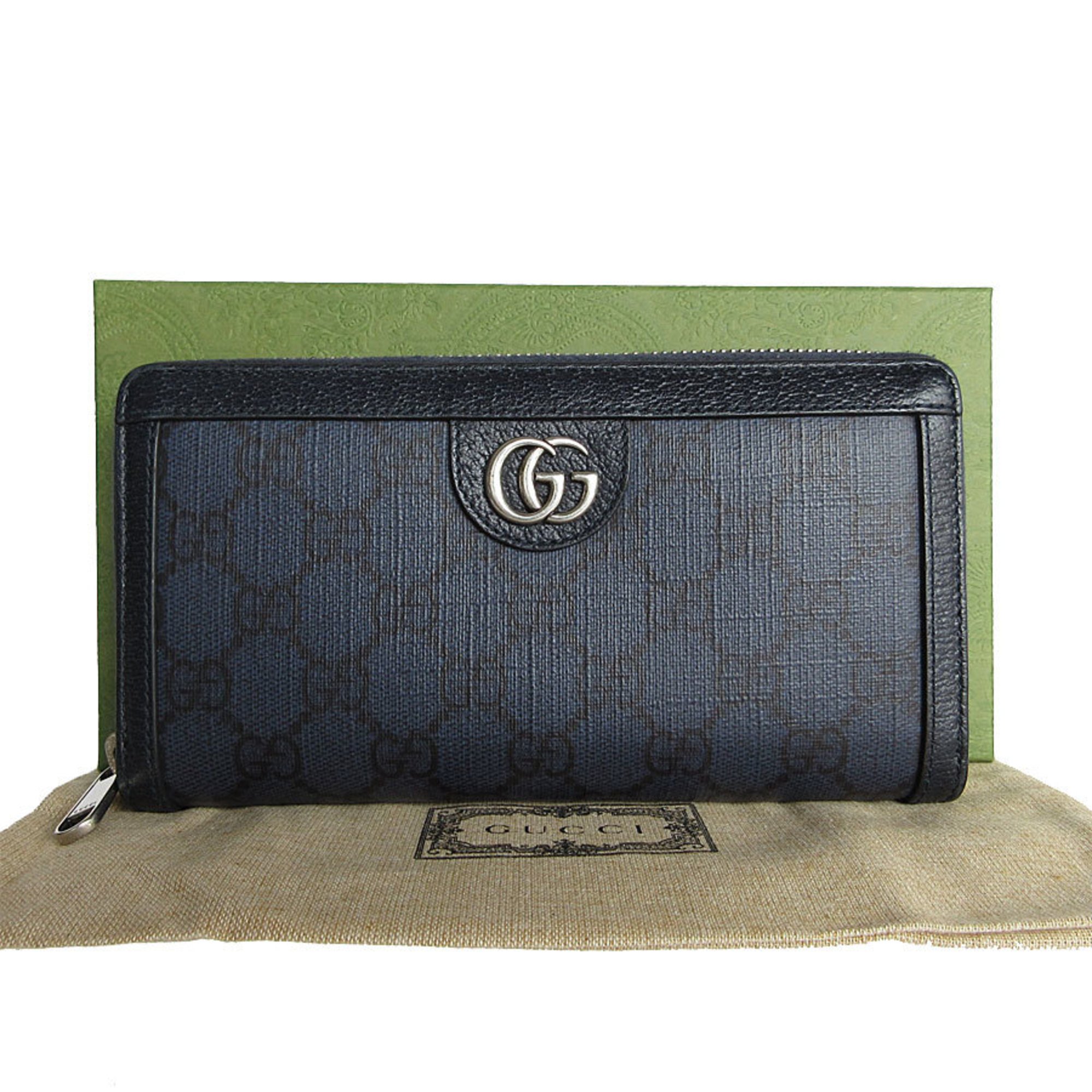 GUCCI Round Long Wallet GG Marmont Supreme Canvas Navy Silver Men's Women's 406844 s0151g