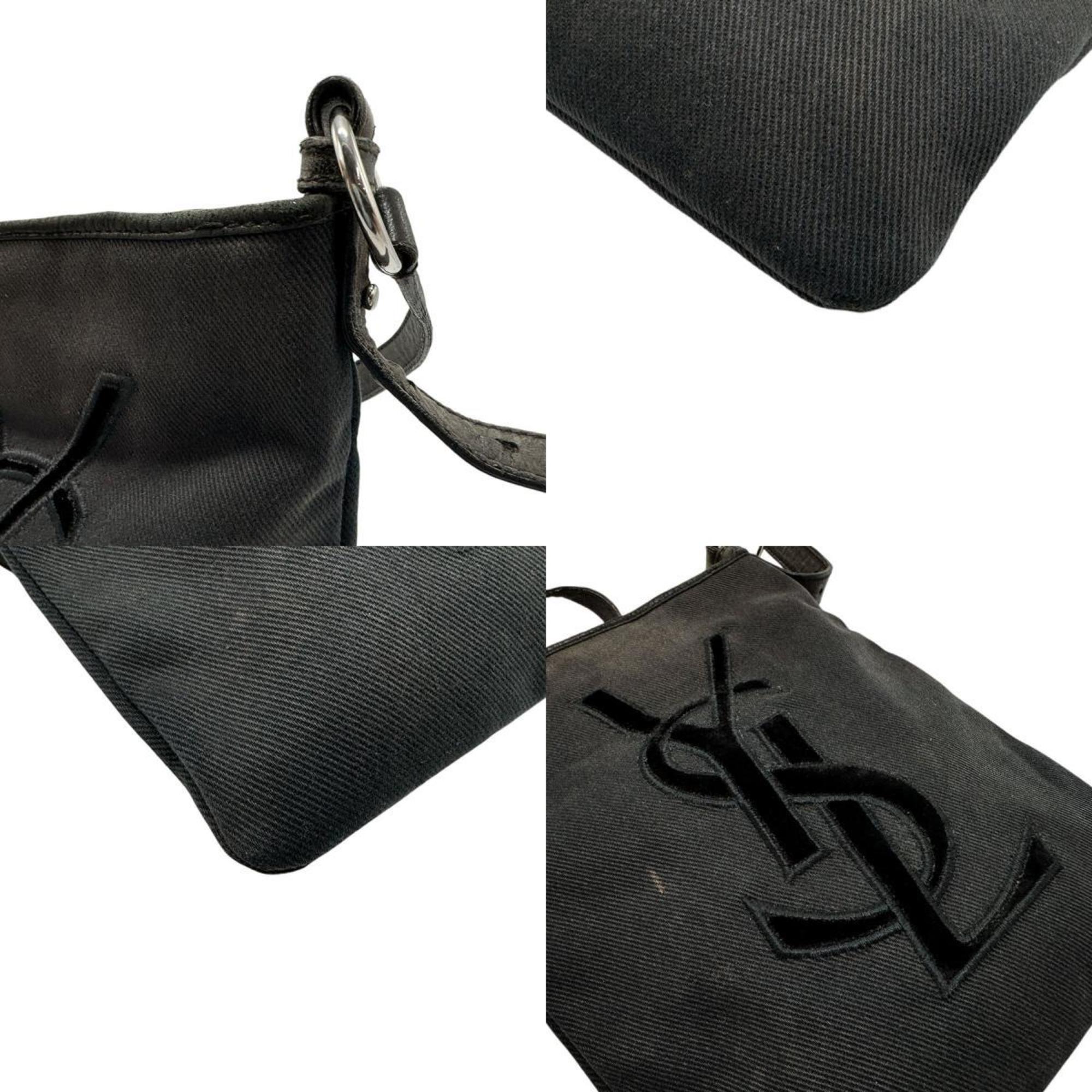 Yves Saint Laurent Shoulder Bag Canvas Leather Black Silver Women's z2363