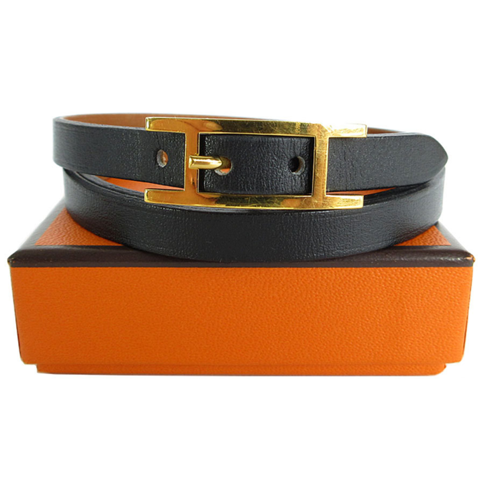 Hermes HERMES bracelet API leather metal black gold ladies s0016m