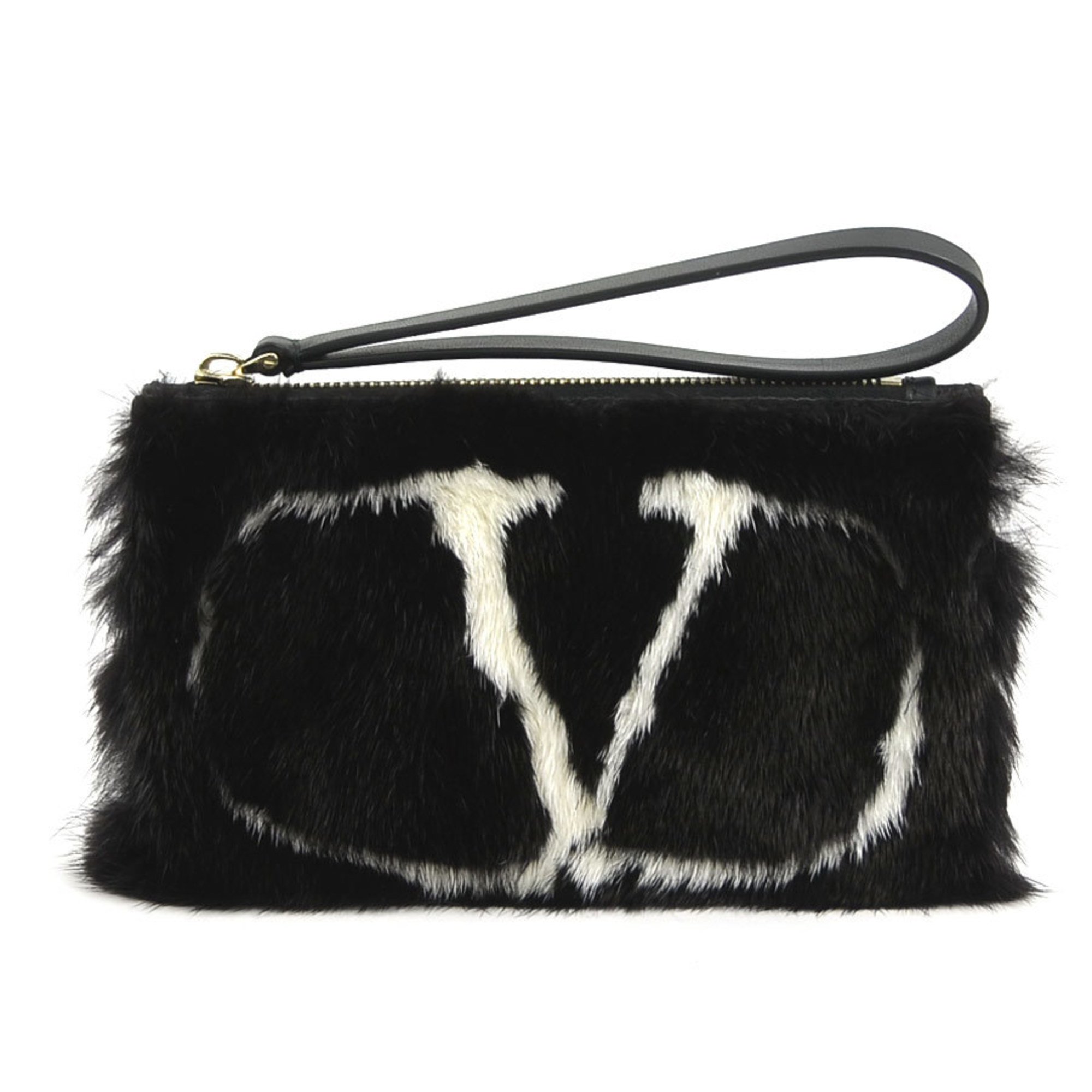 Valentino Garavani Clutch Bag Pouch Fur Leather Black White Women's e59155g