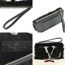 Valentino Garavani Clutch Bag Pouch Fur Leather Black White Women's e59155g