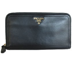 PRADA Round Long Wallet Leather Black Gold Men's Women's s0218g