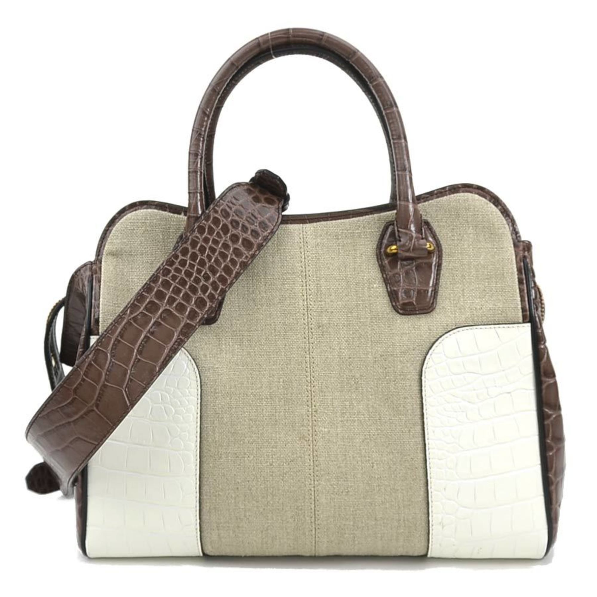 Tod's handbag shoulder bag embossed leather canvas brown x white ladies h30506a