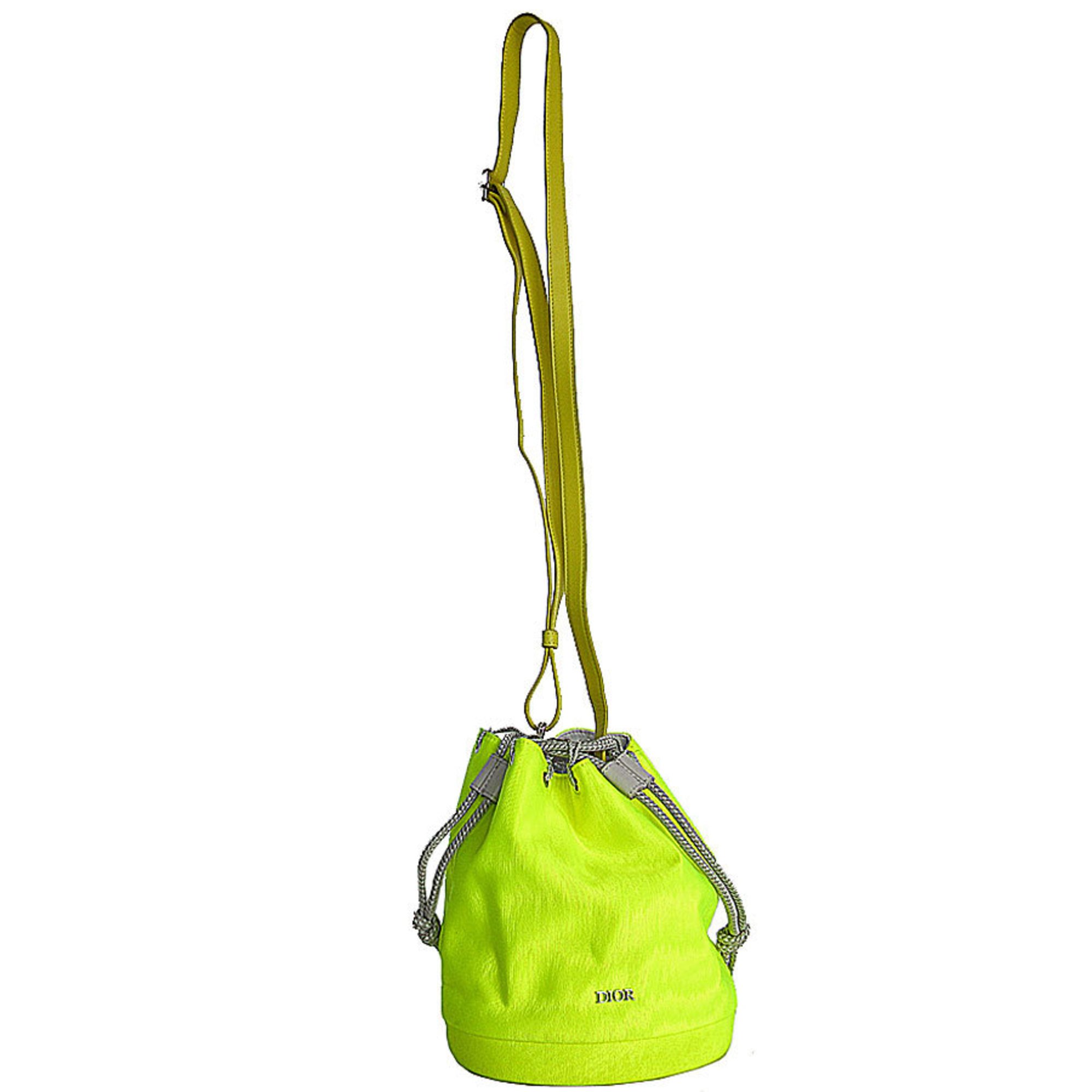 Christian Dior Dior Shoulder Bag Nylon Leather Neon Yellow Silver Women's s0149i