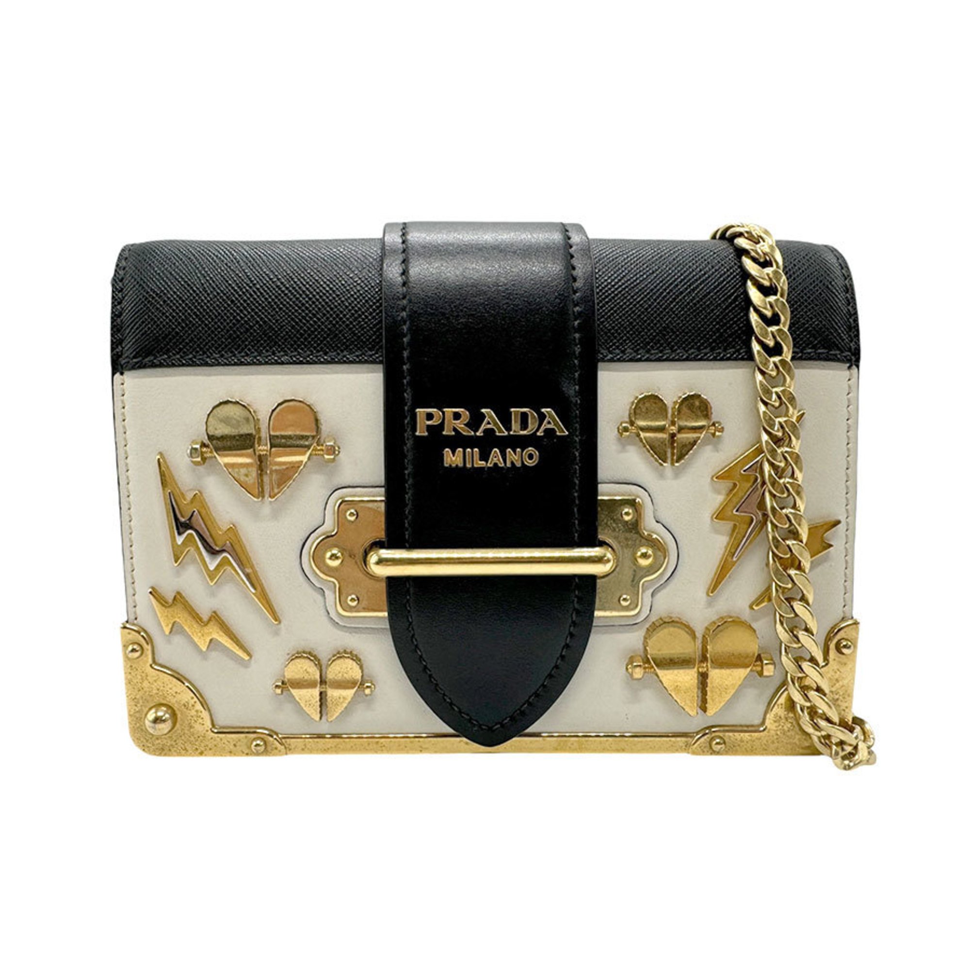 PRADA Shoulder Bag Leather Metal Off-White Black Gold Women's n0394