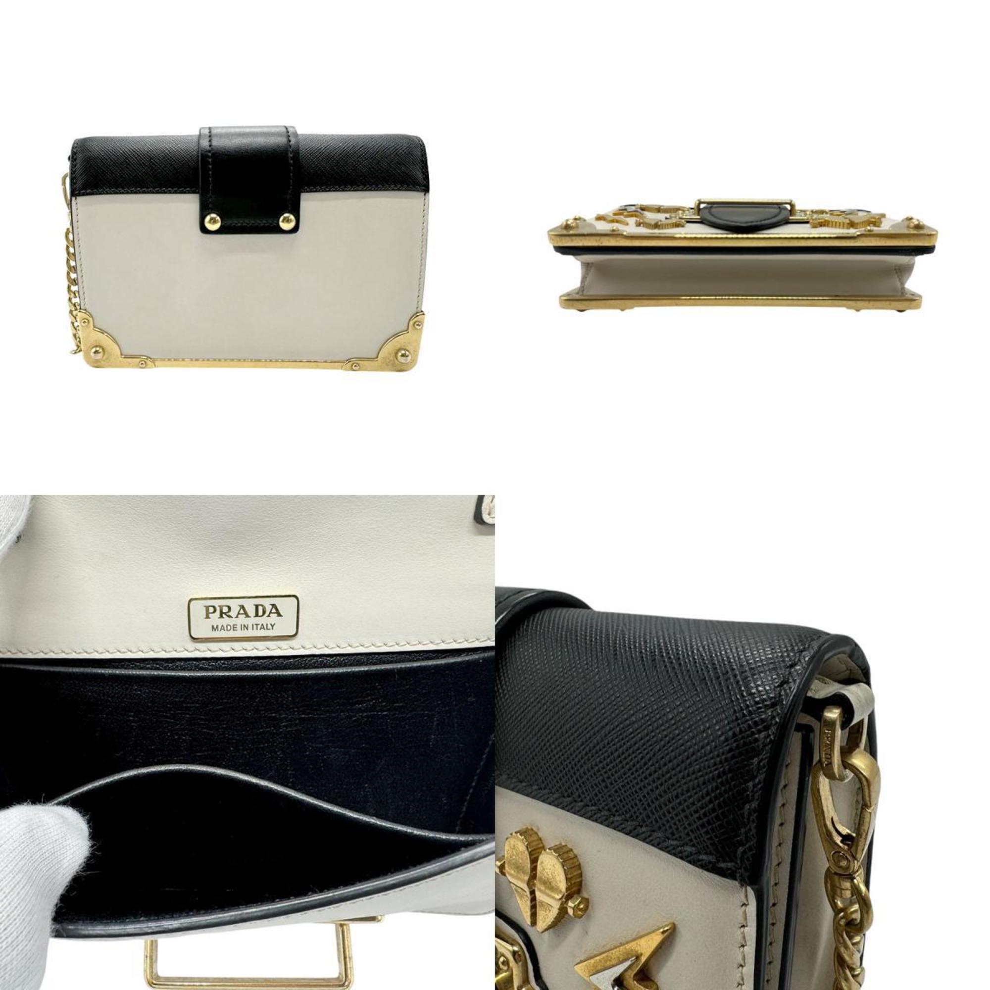 PRADA Shoulder Bag Leather Metal Off-White Black Gold Women's n0394