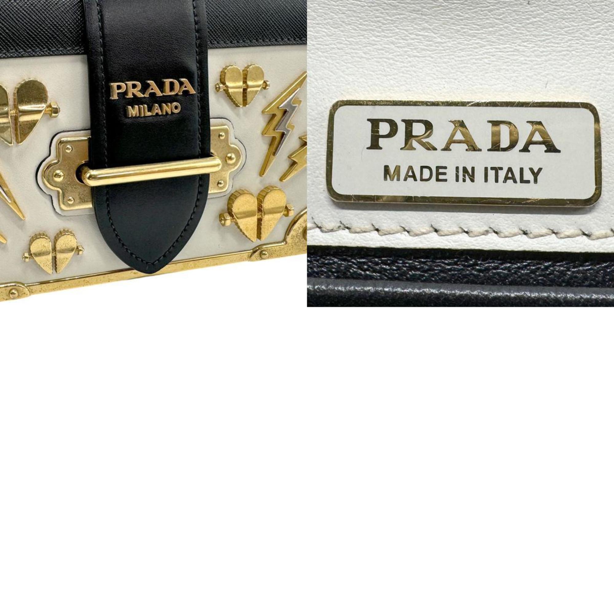 PRADA Shoulder Bag Leather Metal Off-White Black Gold Women's n0394