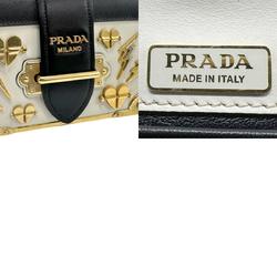 PRADA Shoulder Bag Leather Metal Off-White Black Gold Women's n0394