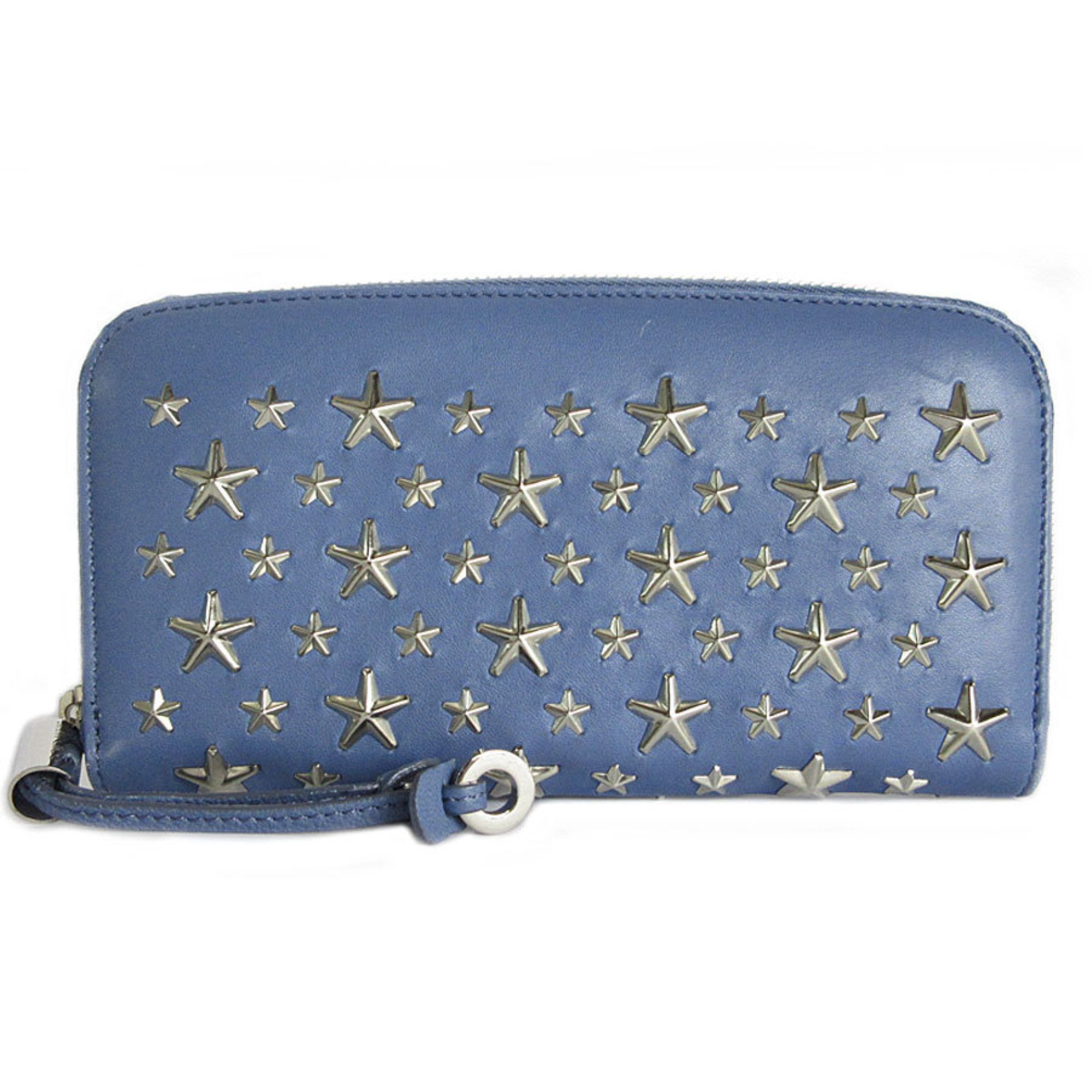 JIMMY CHOO Round Long Wallet Star Studs Leather Metal Blue Silver Women's s0021a