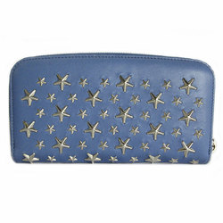 JIMMY CHOO Round Long Wallet Star Studs Leather Metal Blue Silver Women's s0021a