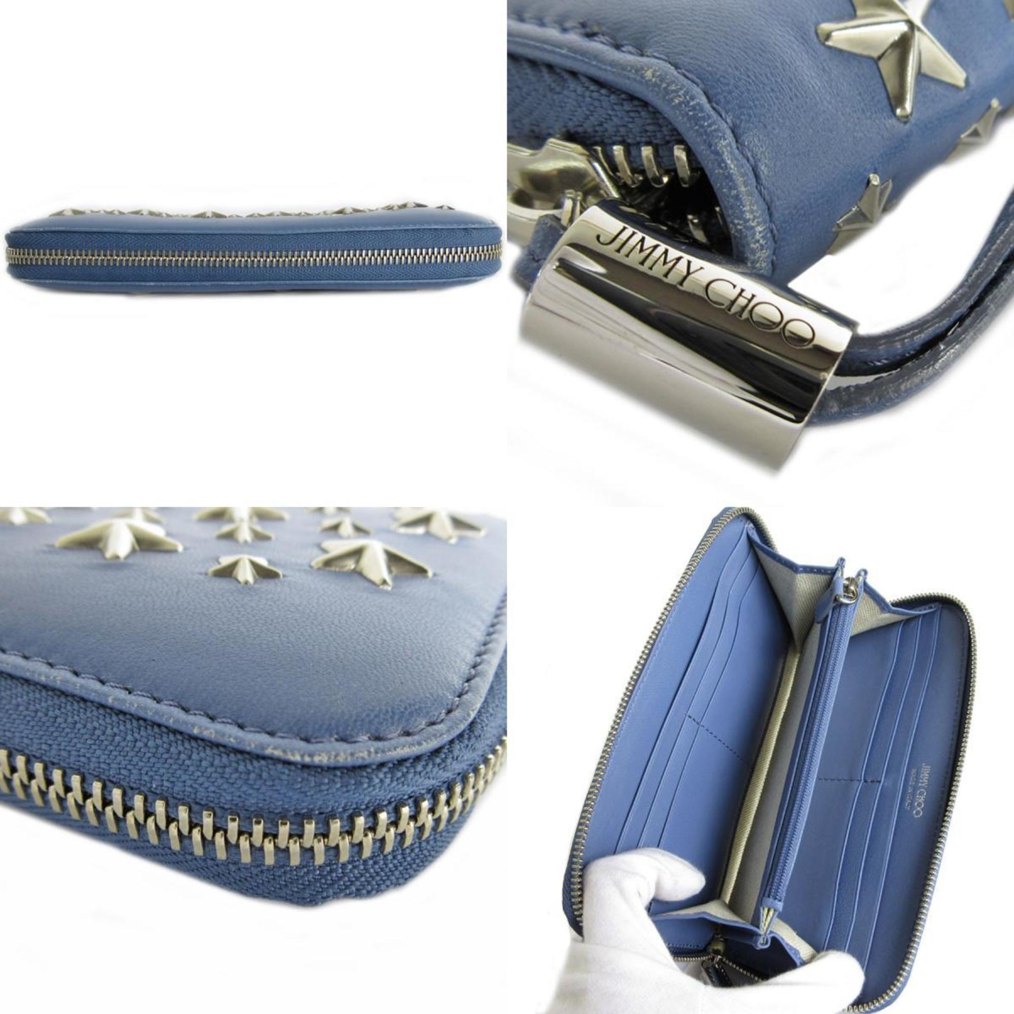 JIMMY CHOO Round Long Wallet Star Studs Leather Metal Blue Silver Women's s0021a