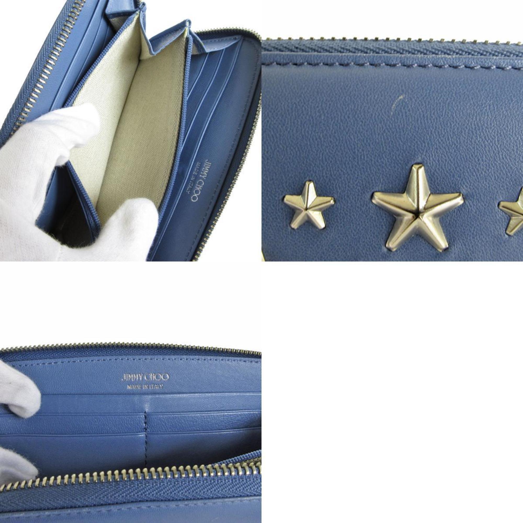 JIMMY CHOO Round Long Wallet Star Studs Leather Metal Blue Silver Women's s0021a