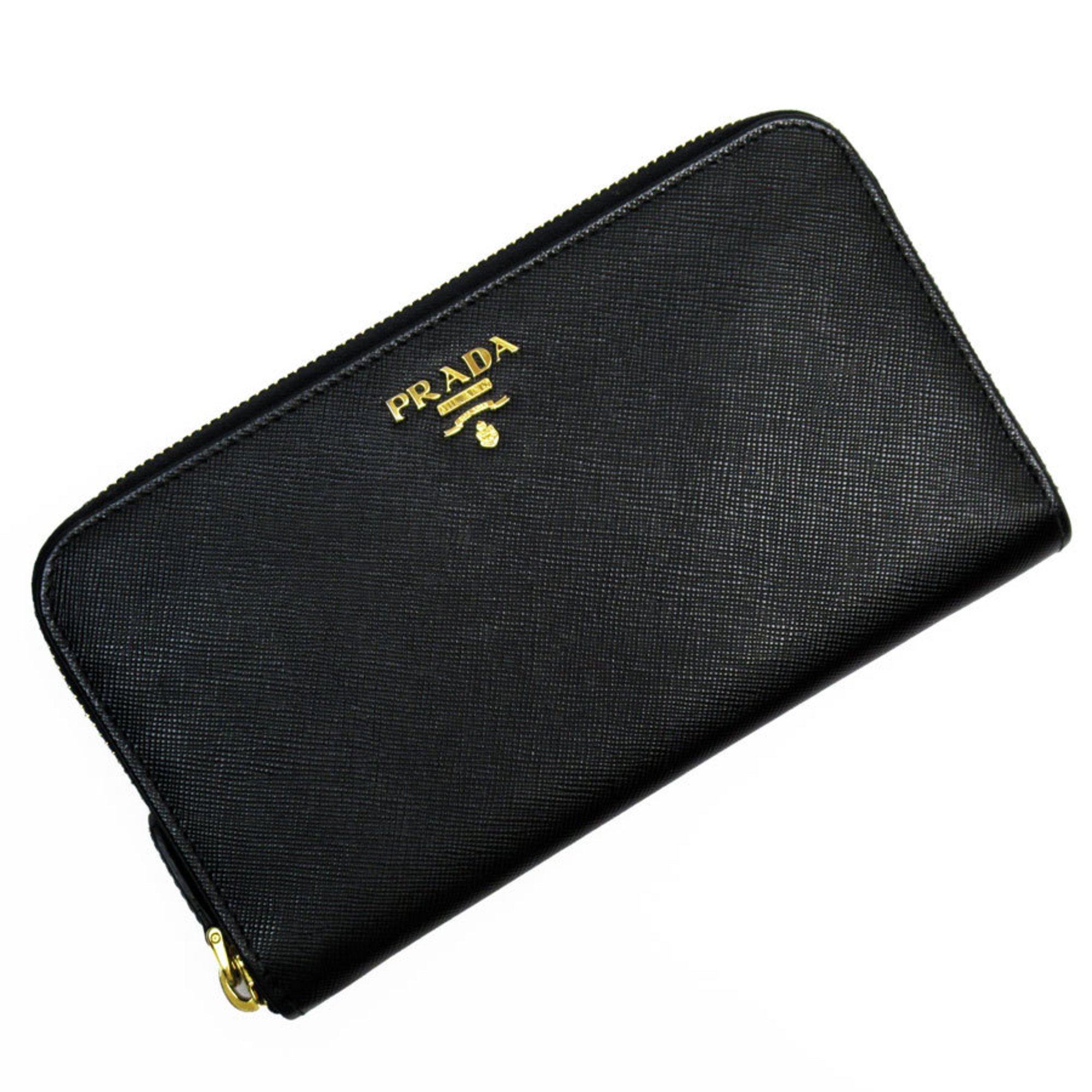 PRADA Round Long Wallet Leather Black Gold Women's w0754g