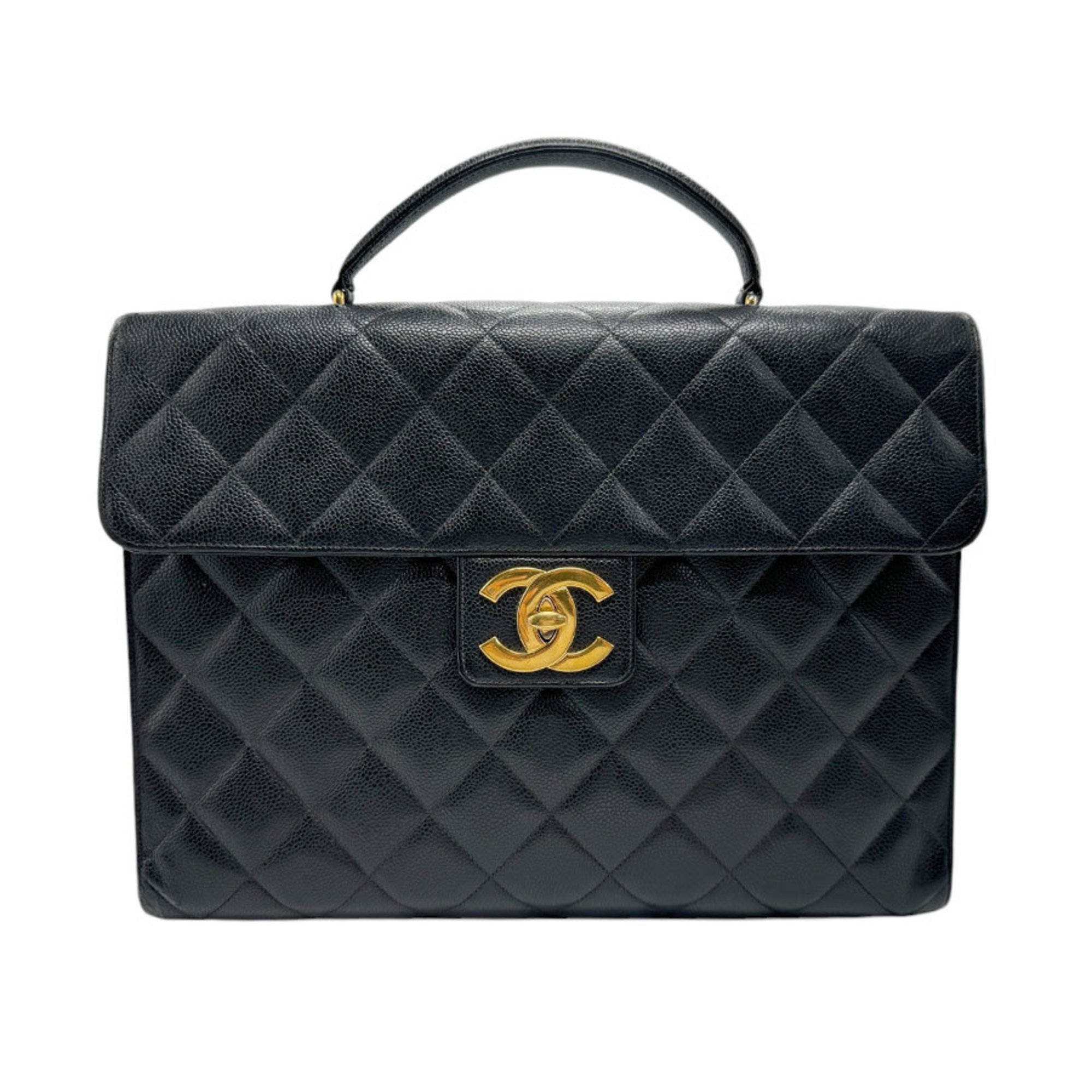 CHANEL handbag bag caviar skin leather black gold men women z2398