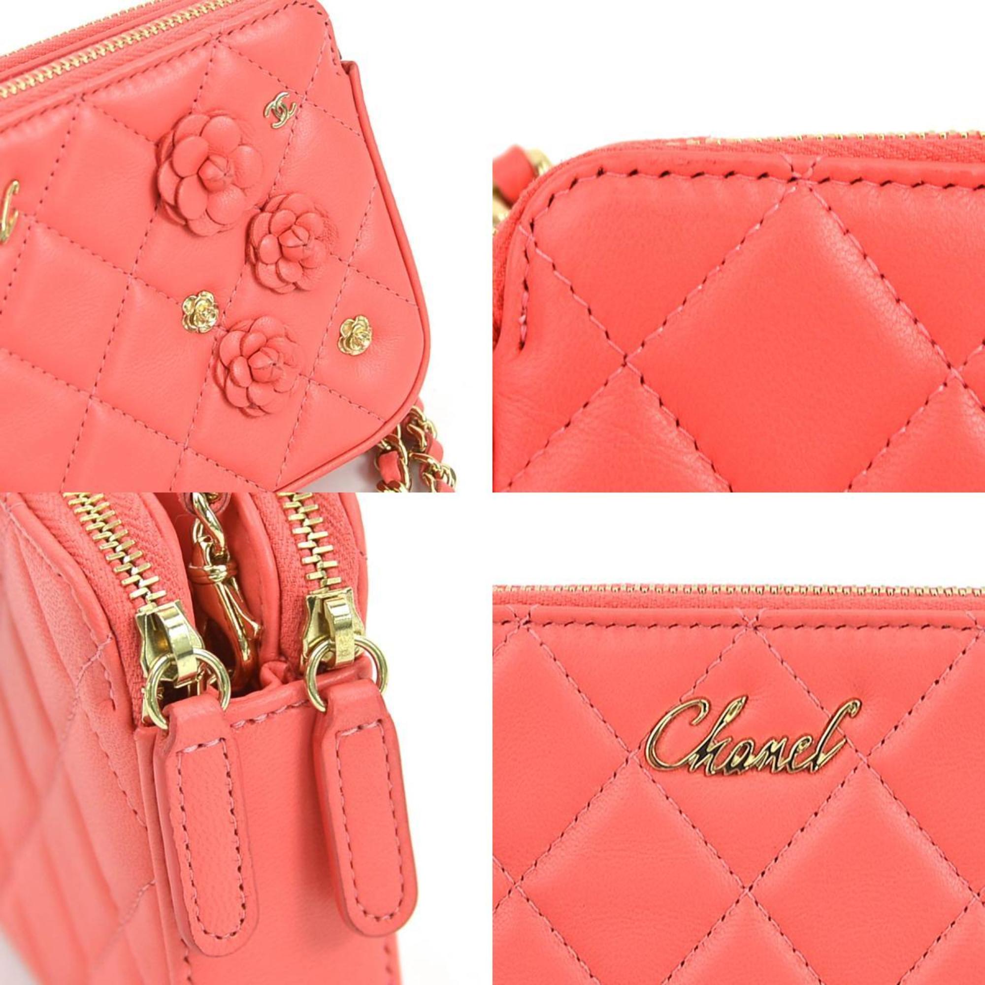 CHANEL Wallet Chain Shoulder Bag Matelasse Camellia Leather Pink Gold Women's e59160a