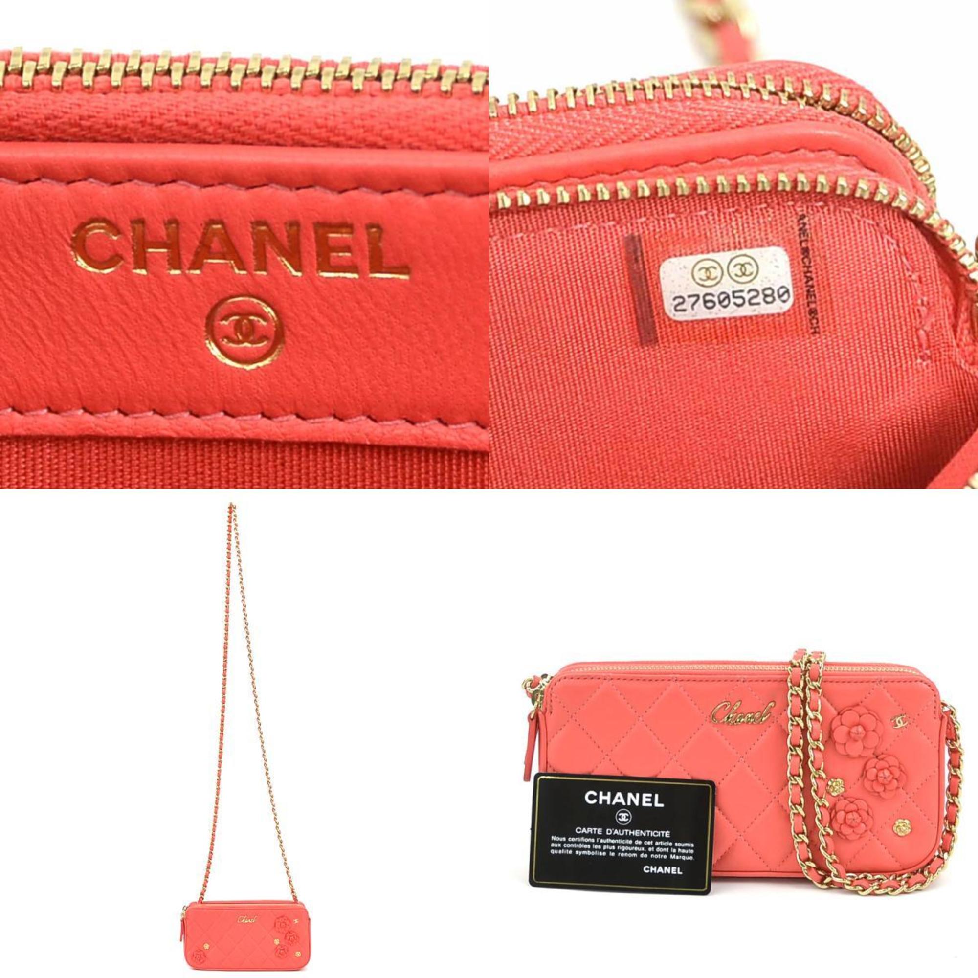 CHANEL Wallet Chain Shoulder Bag Matelasse Camellia Leather Pink Gold Women's e59160a