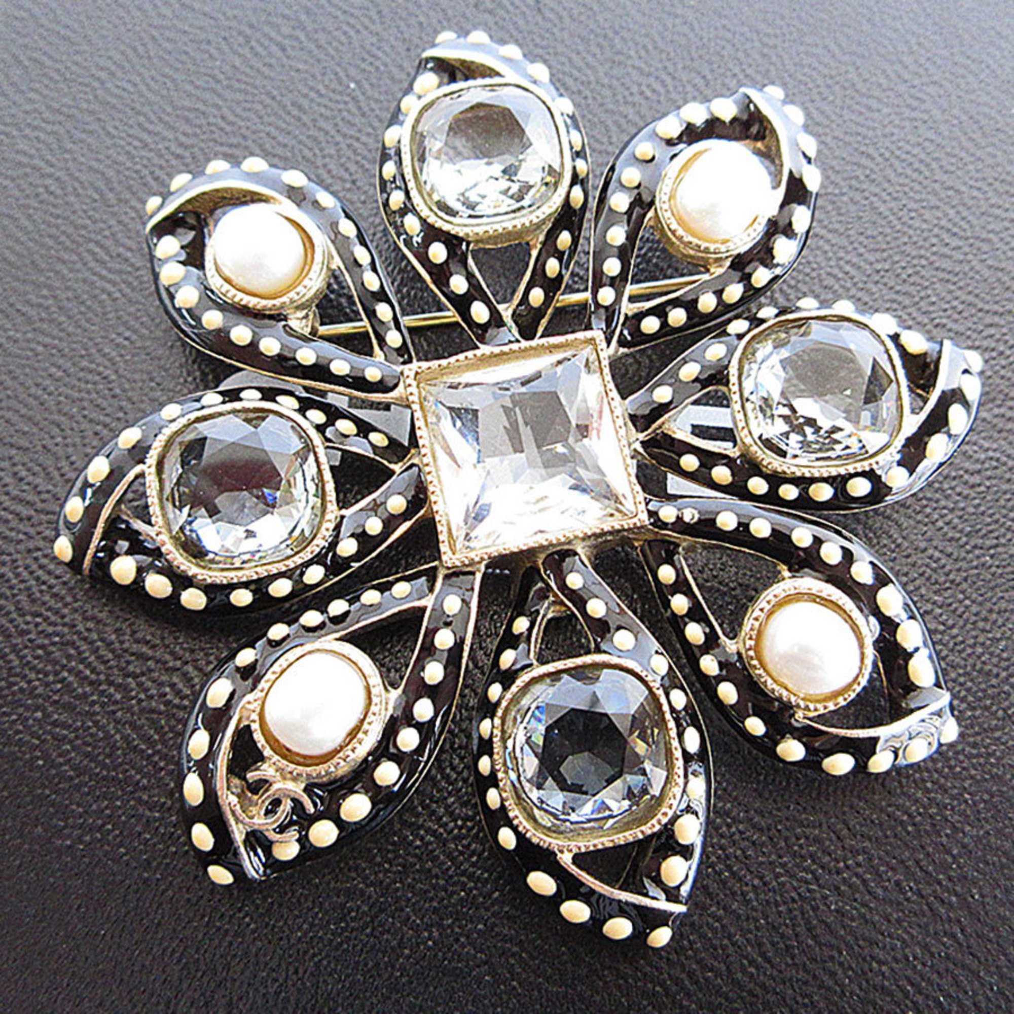 CHANEL Brooch Coco Mark Metal Rhinestone Gold Black Women's s0041i