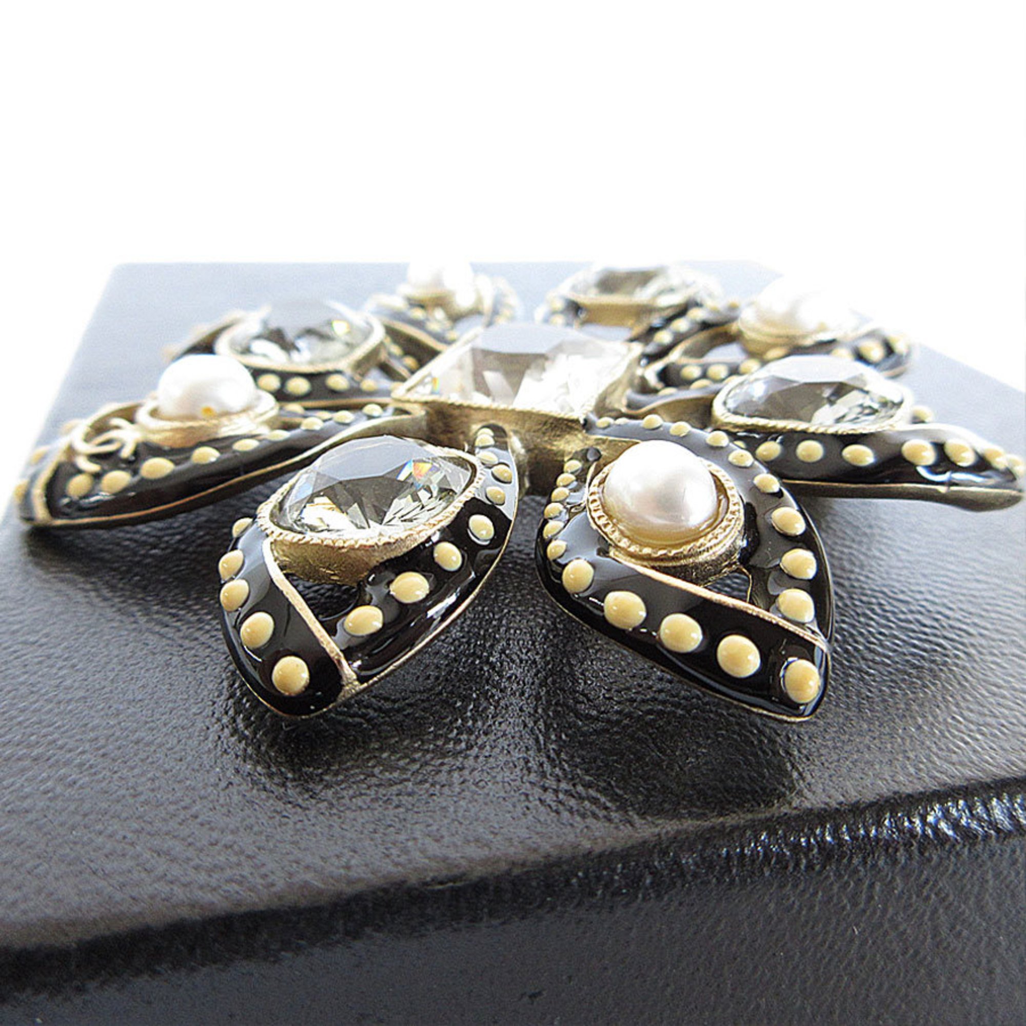 CHANEL Brooch Coco Mark Metal Rhinestone Gold Black Women's s0041i