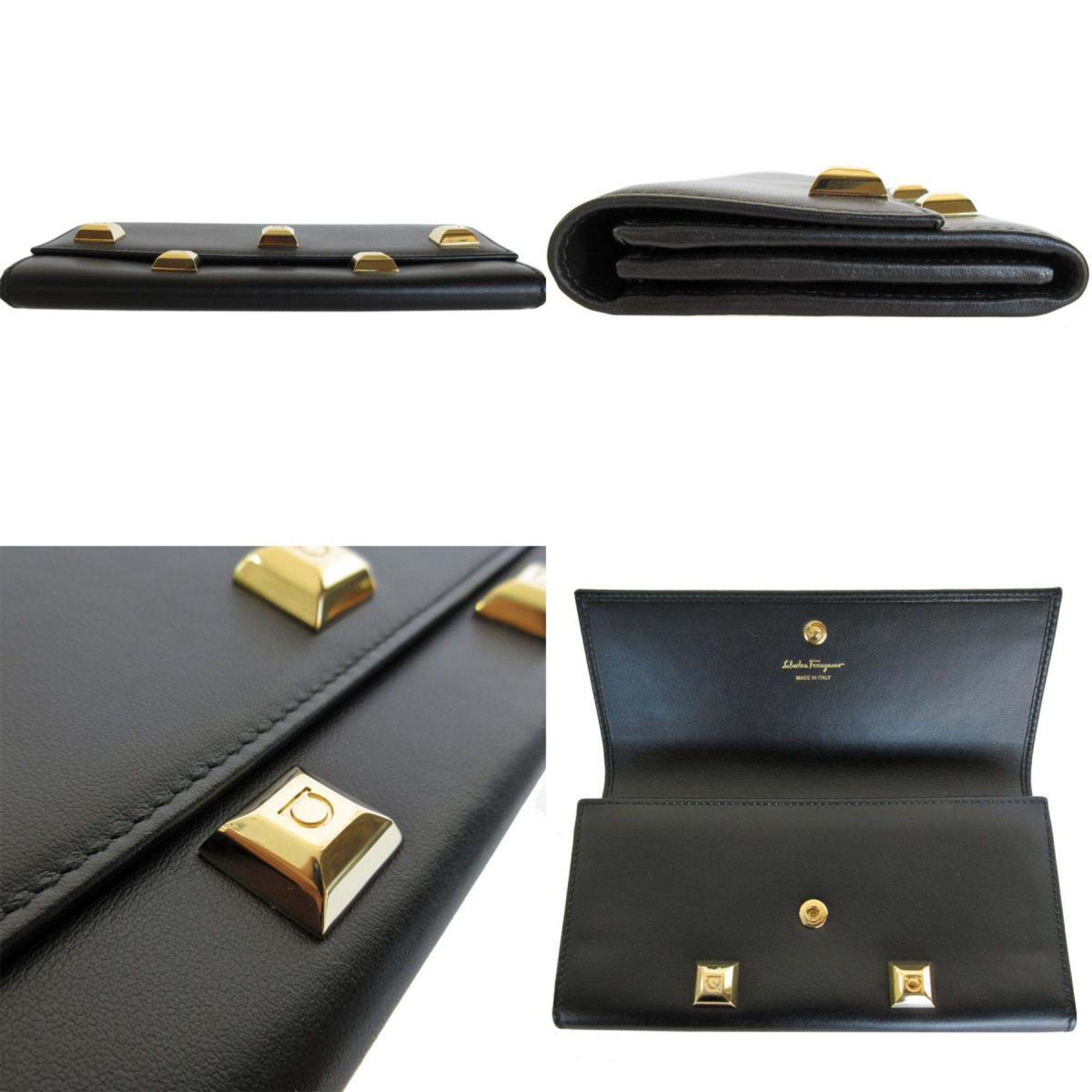 Salvatore Ferragamo Long Wallet Gancini Leather Black Gold Women's s0249a