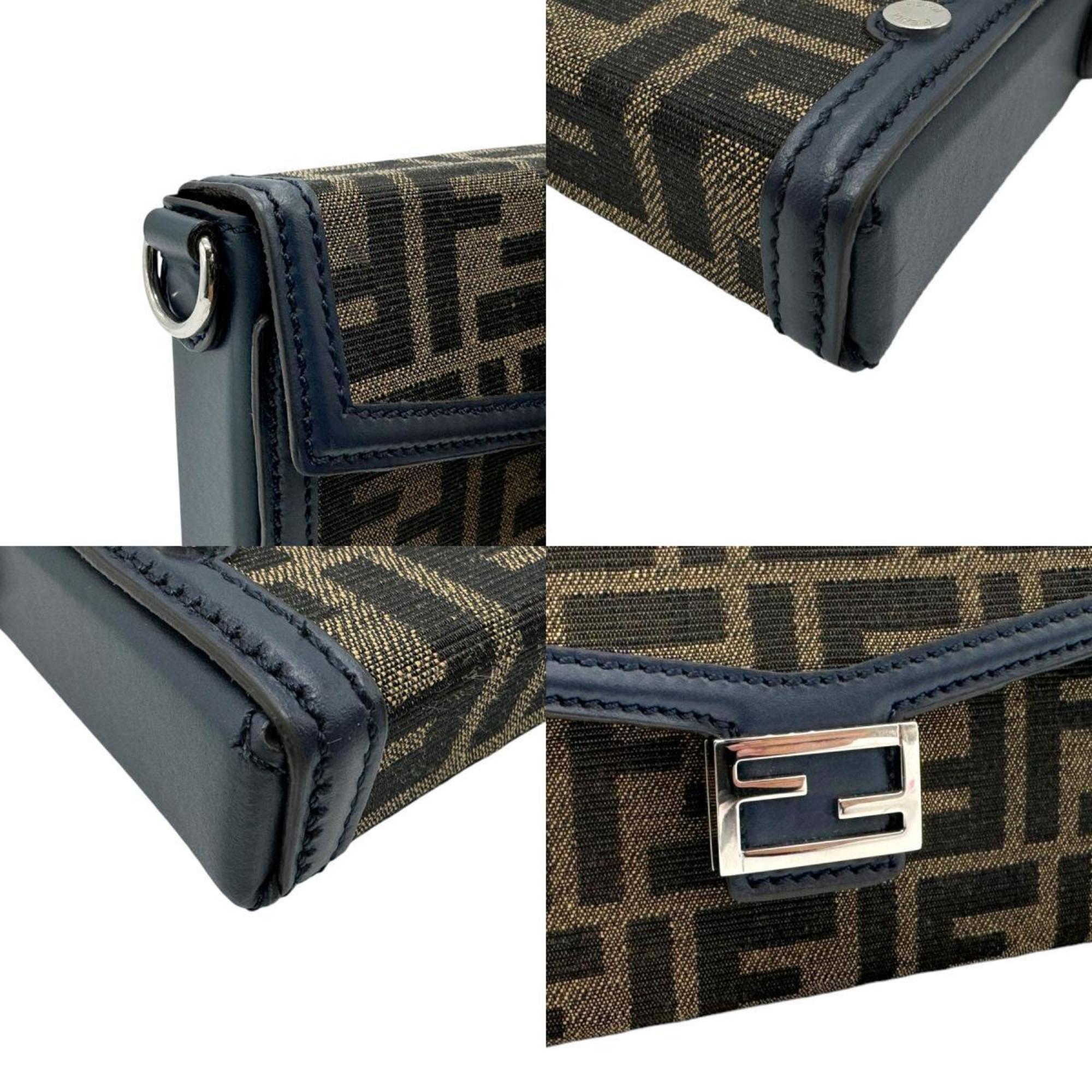 FENDI Shoulder Bag Baguette Soft Trunk Phone Pouch Canvas Leather Brown Navy Men's 7AS139-AFBV z2348