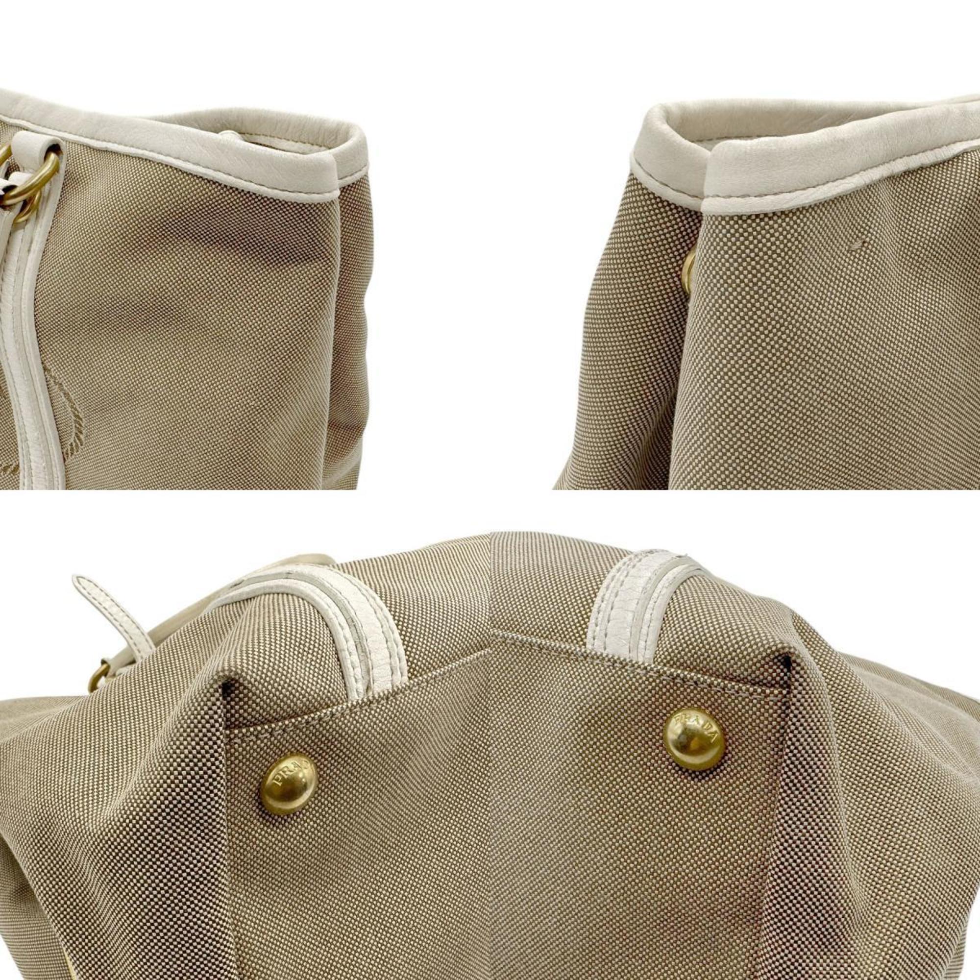 PRADA handbag shoulder bag canvas leather beige brown off-white women's n0396