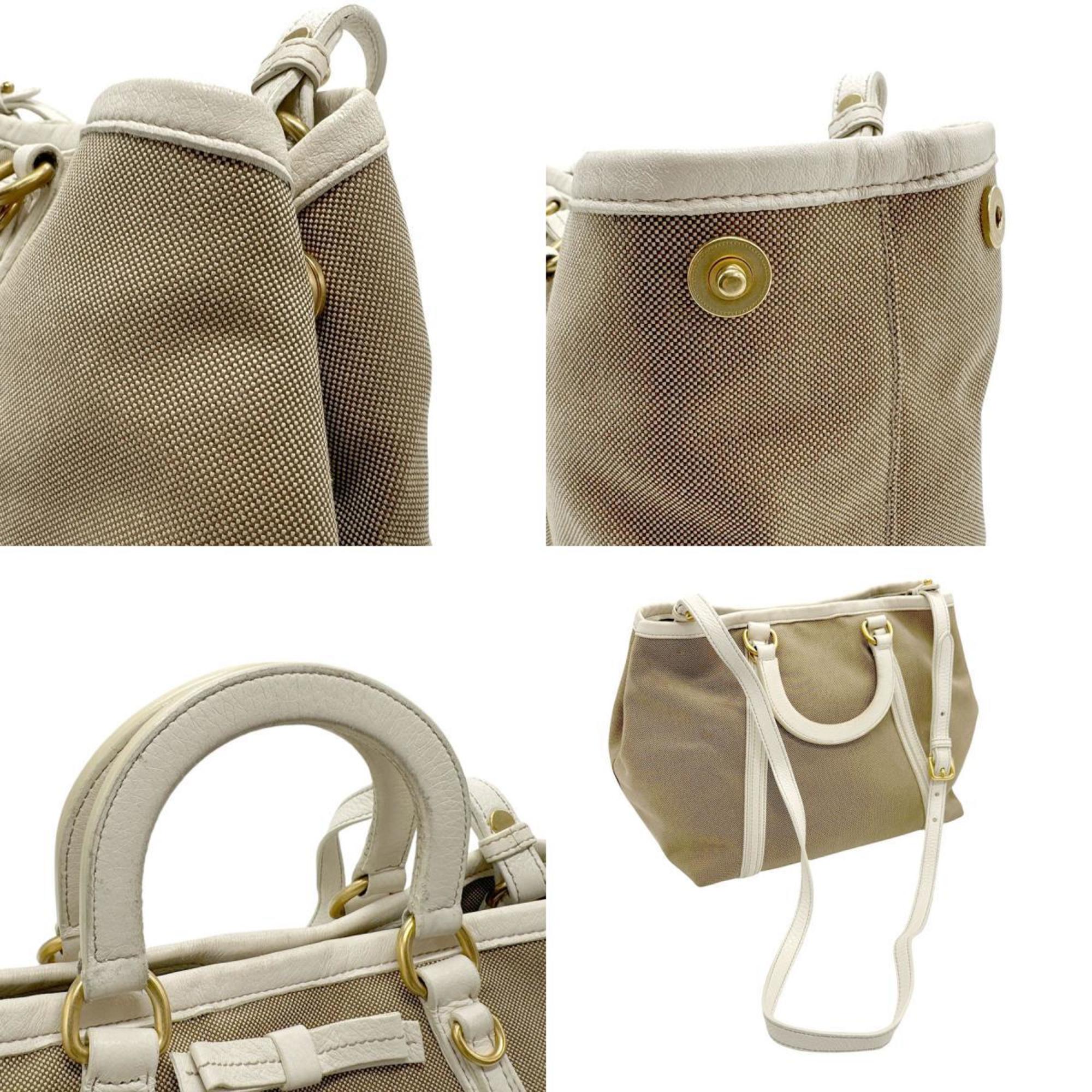 PRADA handbag shoulder bag canvas leather beige brown off-white women's n0396