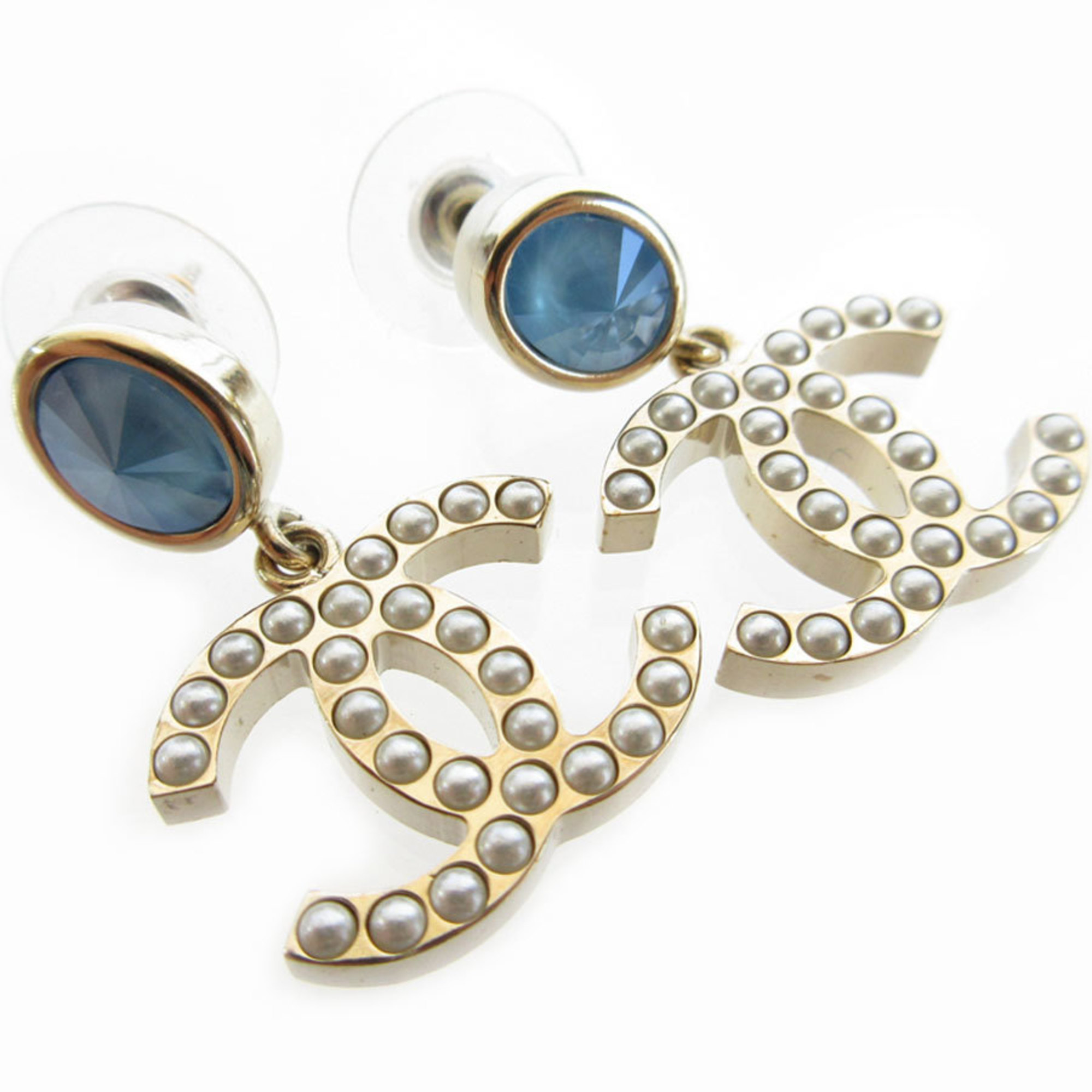 CHANEL Earrings Coco Mark Metal Faux Pearl Gold White Blue Women's s0253f