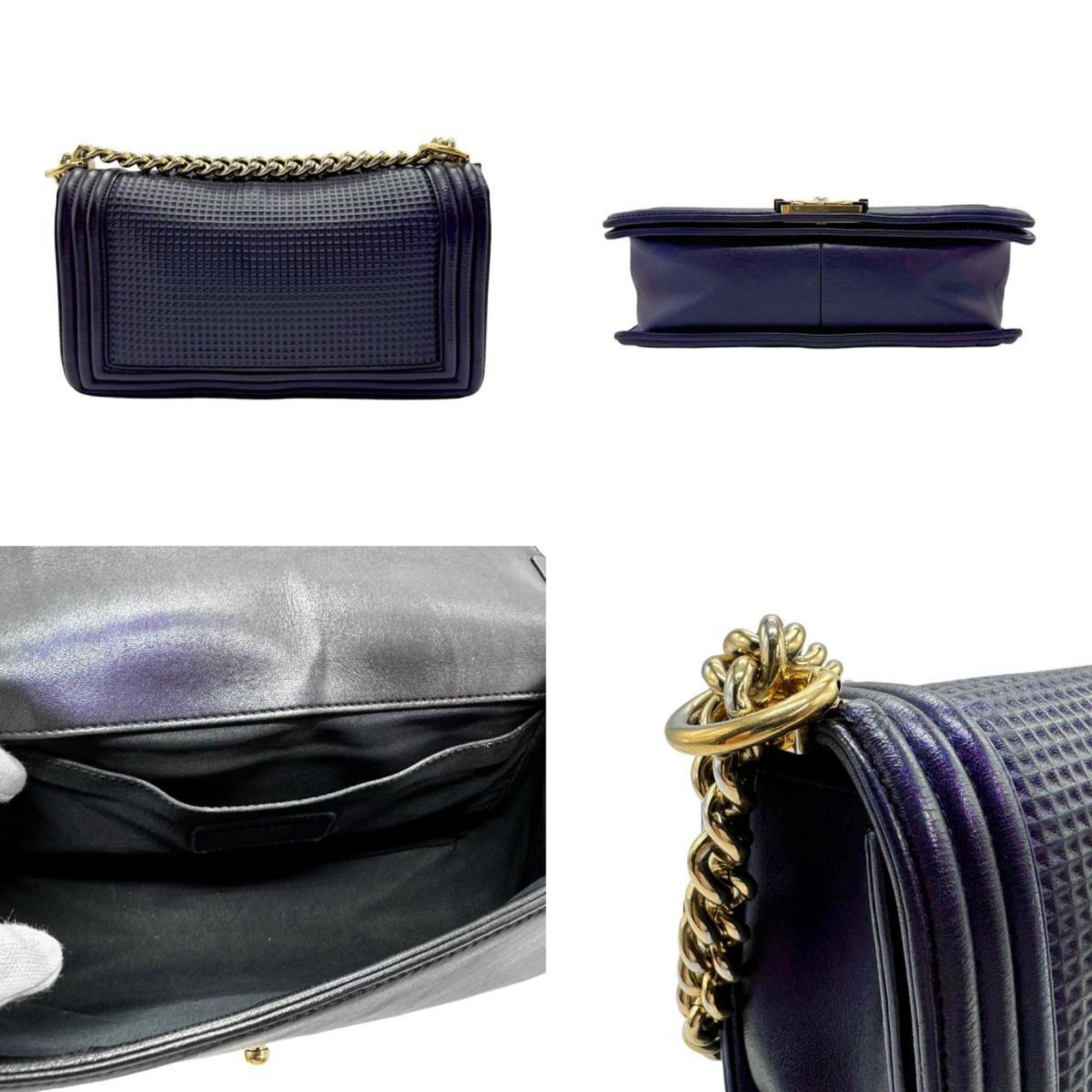 CHANEL Shoulder Bag Boy Chanel Leather Navy Women's z2405