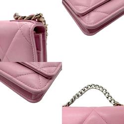 CHANEL Wallet Chain Shoulder Bag Handbag Wild Stitch Leather Light Pink Silver Gold Women's z2354