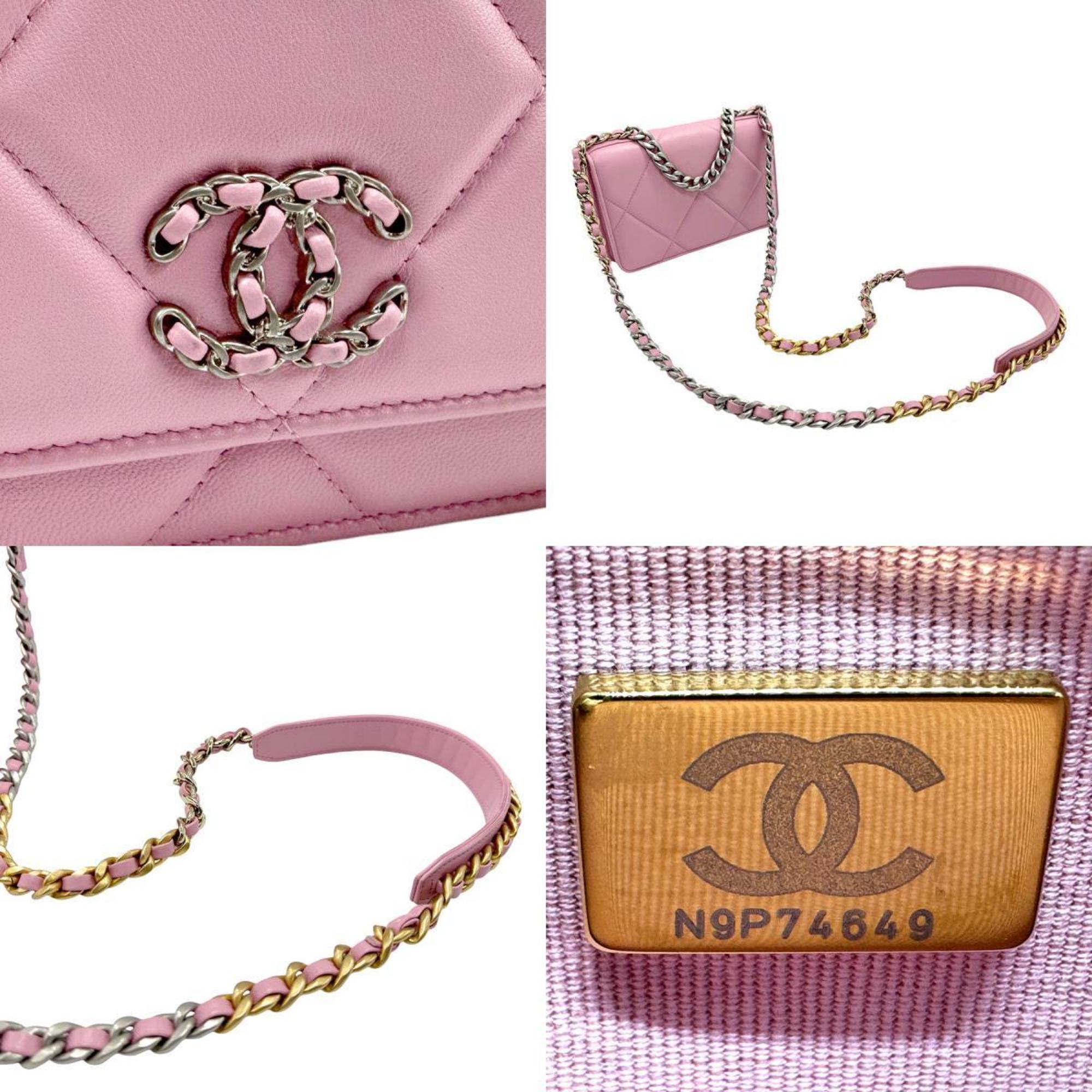 CHANEL Wallet Chain Shoulder Bag Handbag Wild Stitch Leather Light Pink Silver Gold Women's z2354