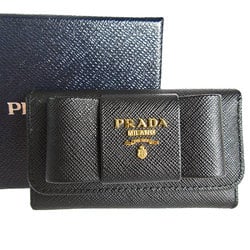 PRADA Key Case Ribbon Leather Metal Black Gold Women's s0127f