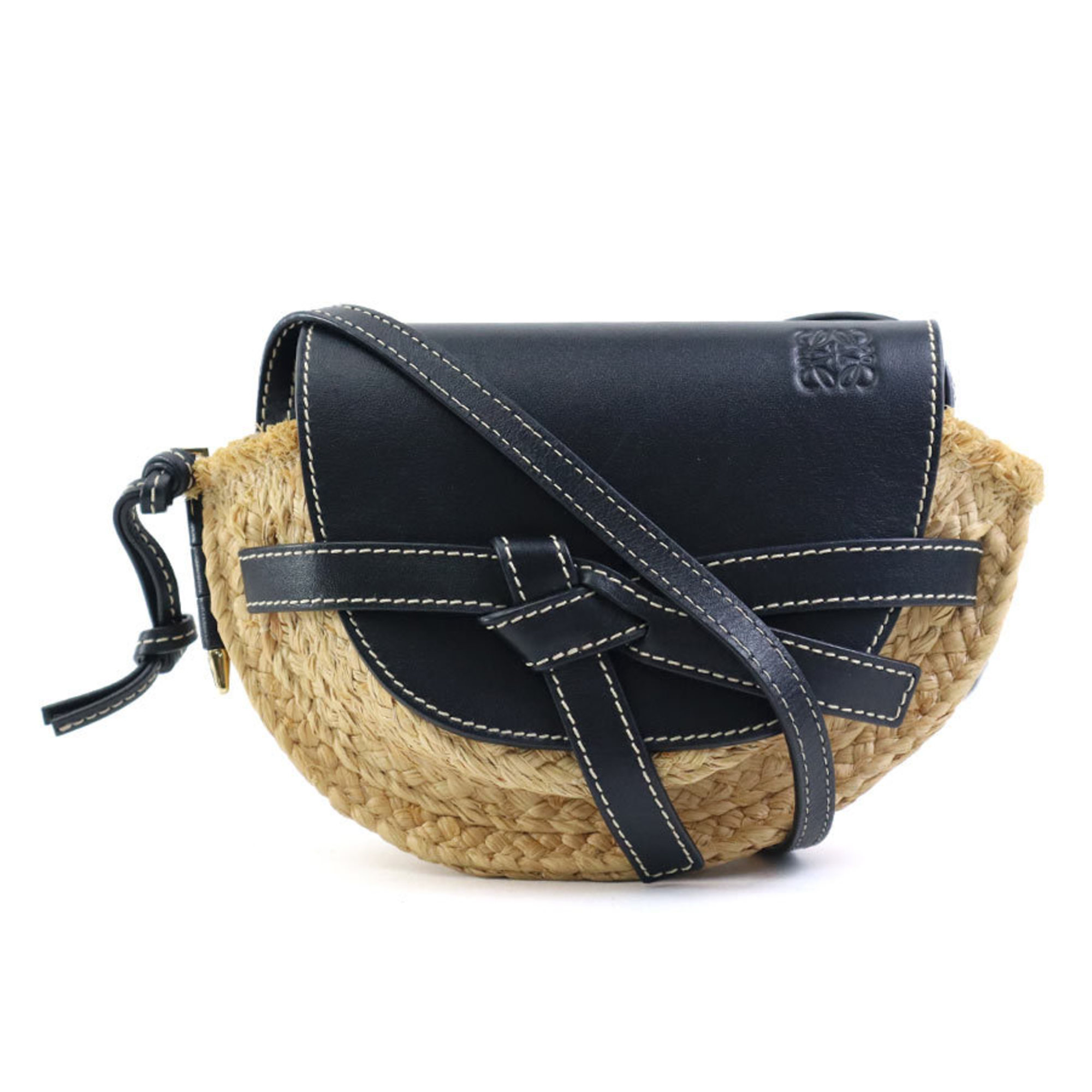 LOEWE Shoulder Bag Gate Raffia Leather Beige Black Gold Women's e59159i