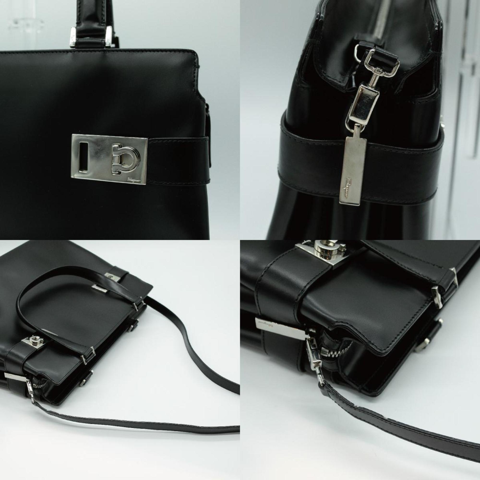 Salvatore Ferragamo 2-Way Bag Shoulder Handbag Gancini Leather Black Silver Women's PD352