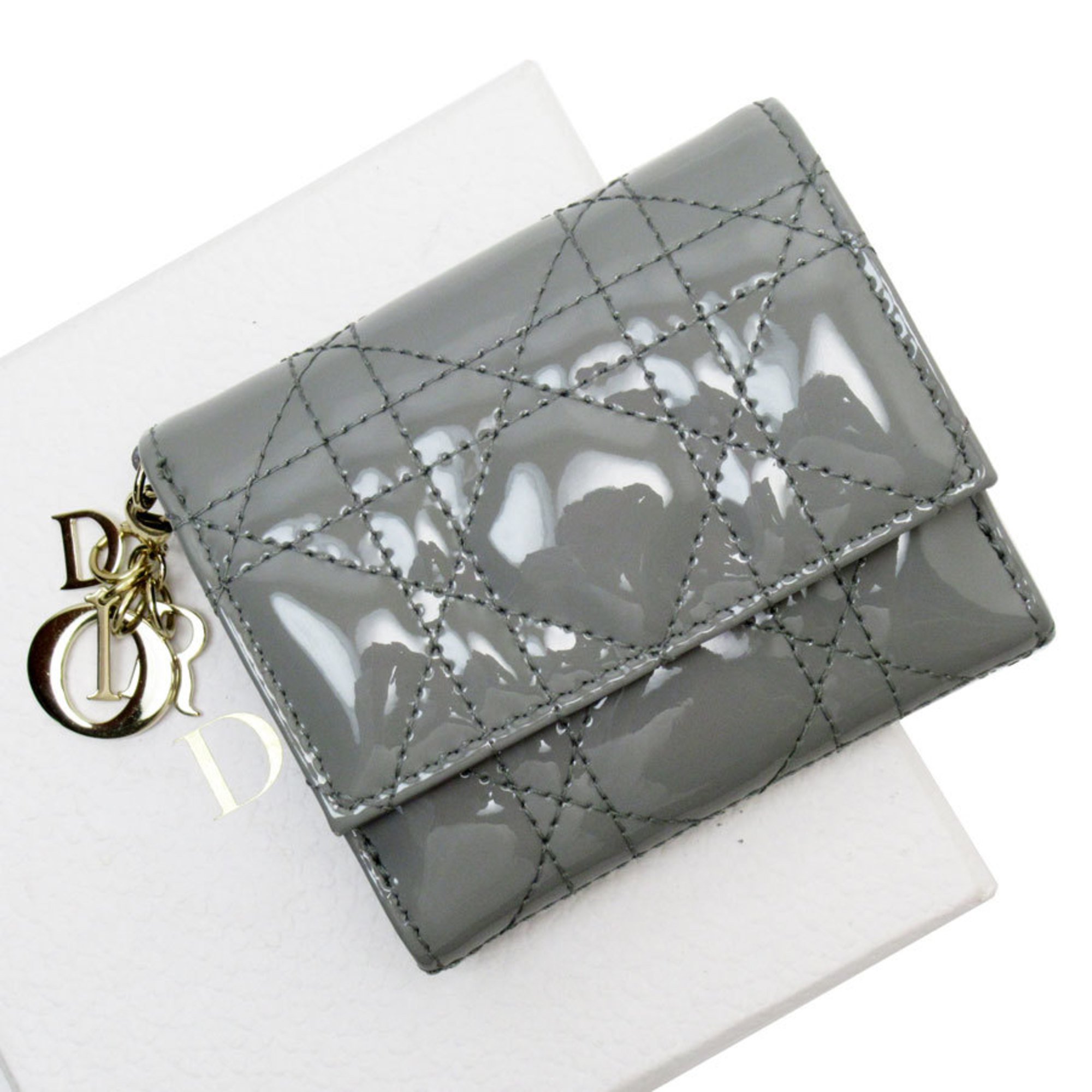 Christian Dior Tri-fold Wallet Cannage Patent Leather Grey Gold Women's w0752j