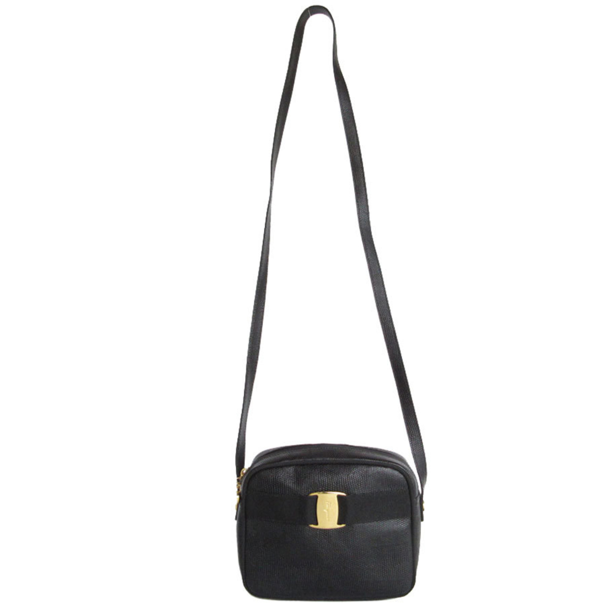 Salvatore Ferragamo Shoulder Bag Vara Embossed Leather Black Gold Women's s0198a