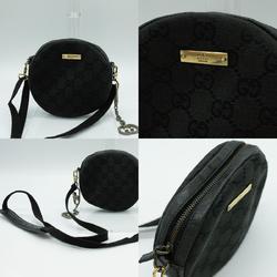 GUCCI Pouch Shoulder GG Pattern Round Leather Black Gold Women's 90700 PD348