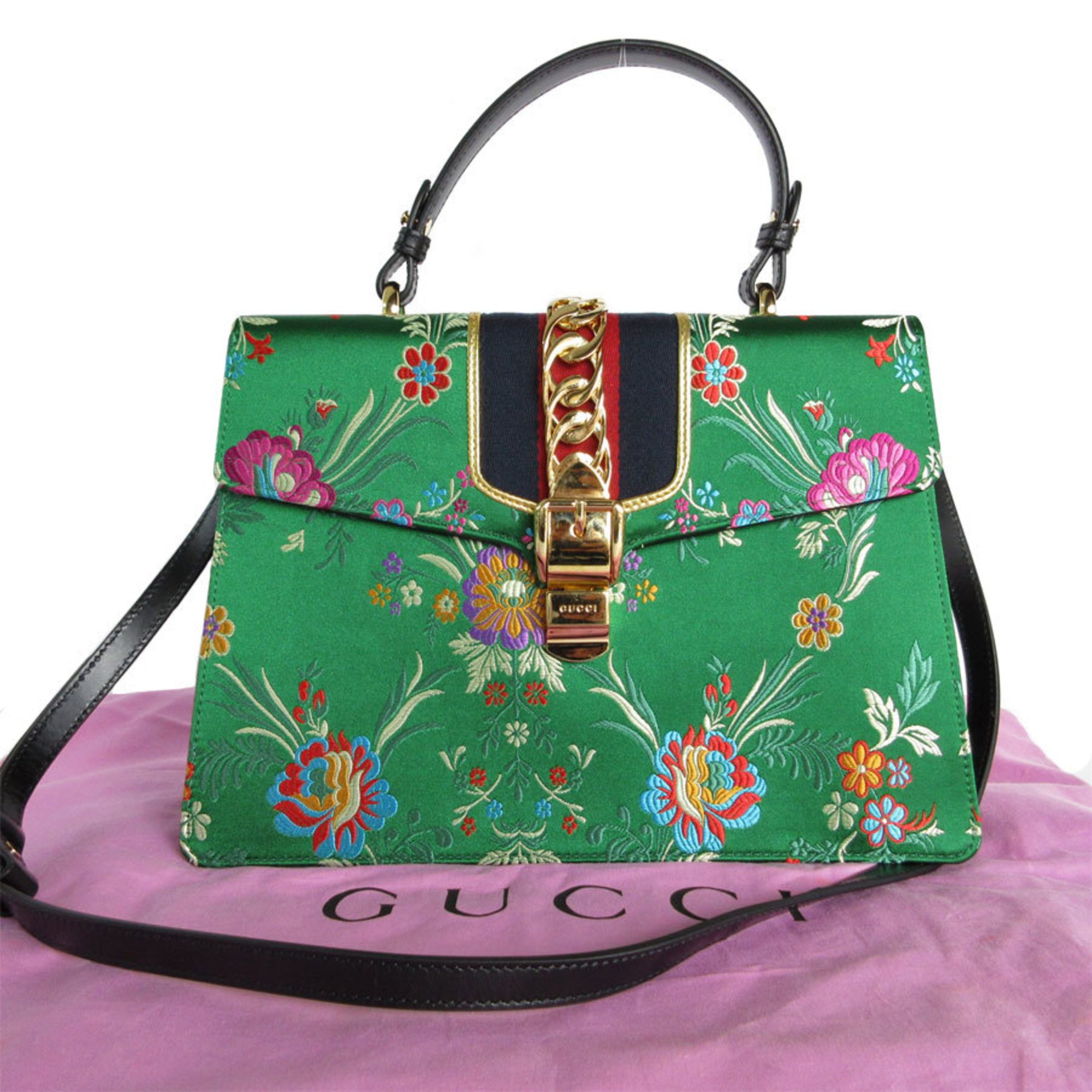 GUCCI Handbag Shoulder Bag Sylvie Satin Green Multicolor Gold Women's 431665 s0122a