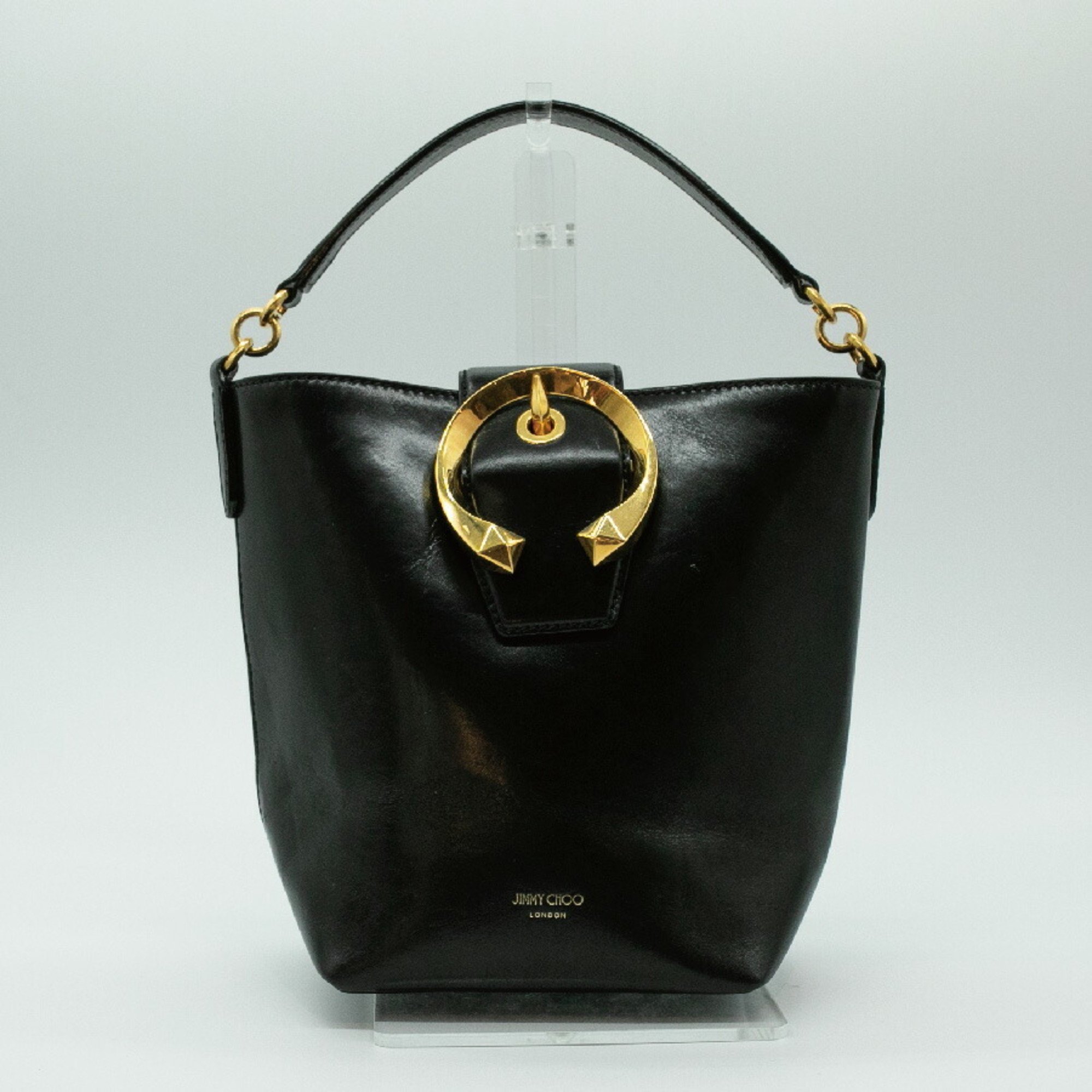 JIMMY CHOO Handbag Bucket Leather Black Gold Women's PD383