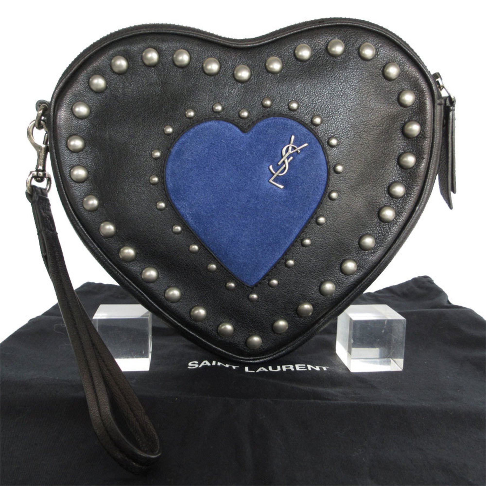 Saint Laurent SAINT LAURENT Clutch bag Heart motif Leather Suede Black Blue Women's s0257a