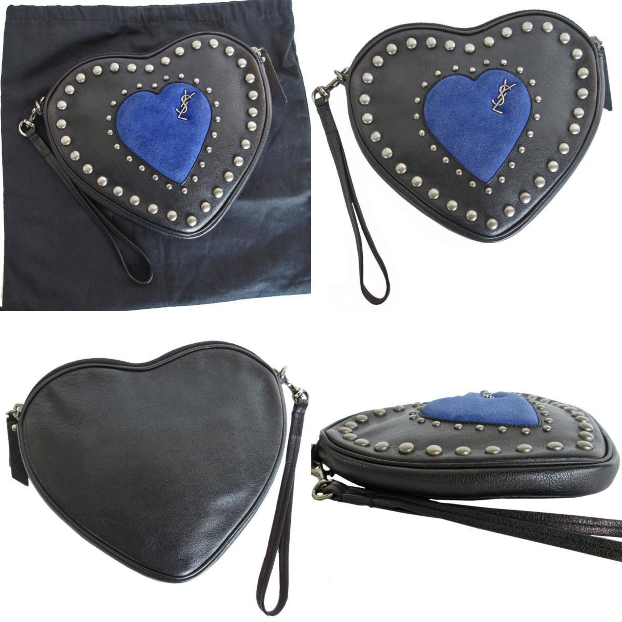 Saint Laurent SAINT LAURENT Clutch bag Heart motif Leather Suede Black Blue Women's s0257a