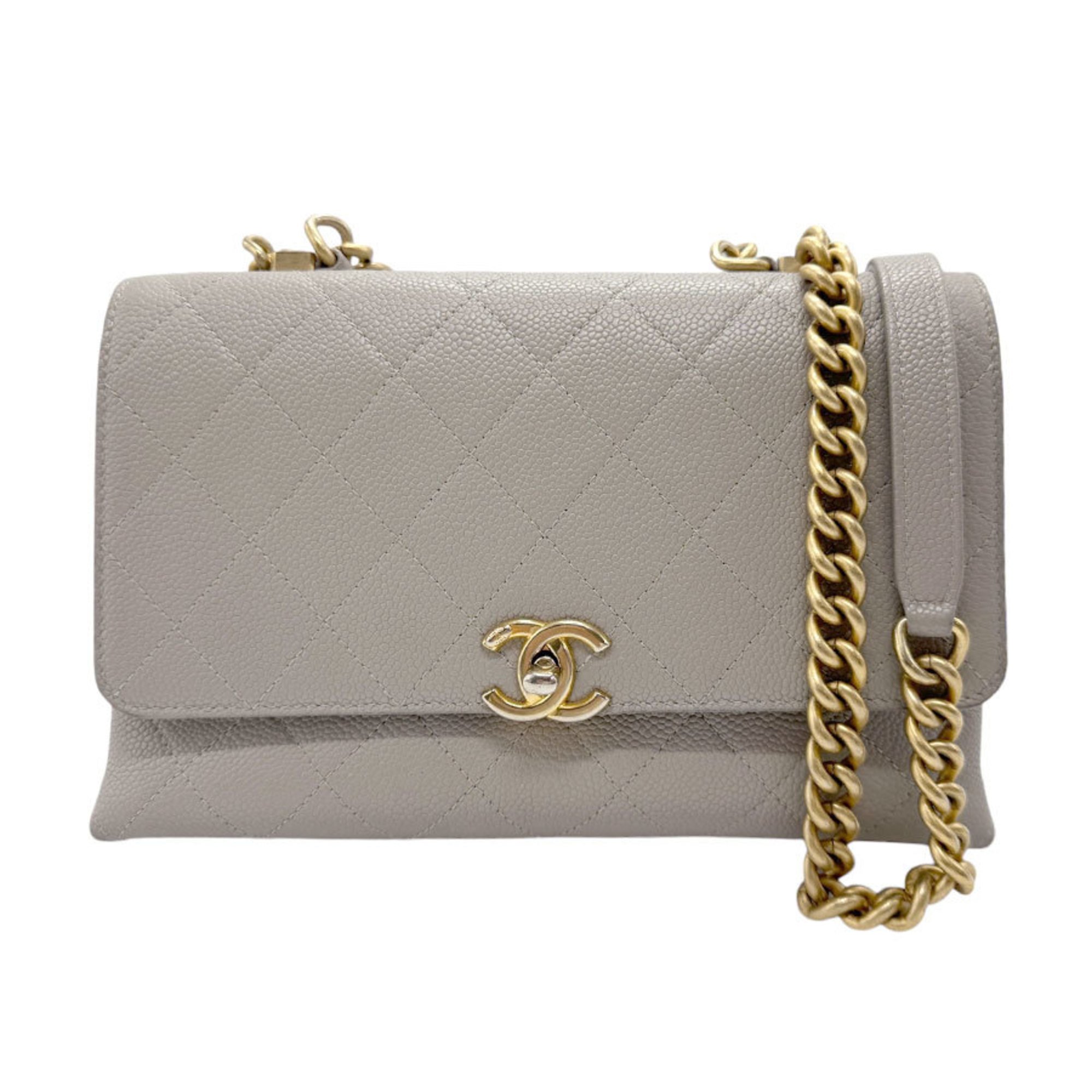 CHANEL Handbag Shoulder Bag Matelasse Caviar Skin Leather Light Gray Gold Women's z2401