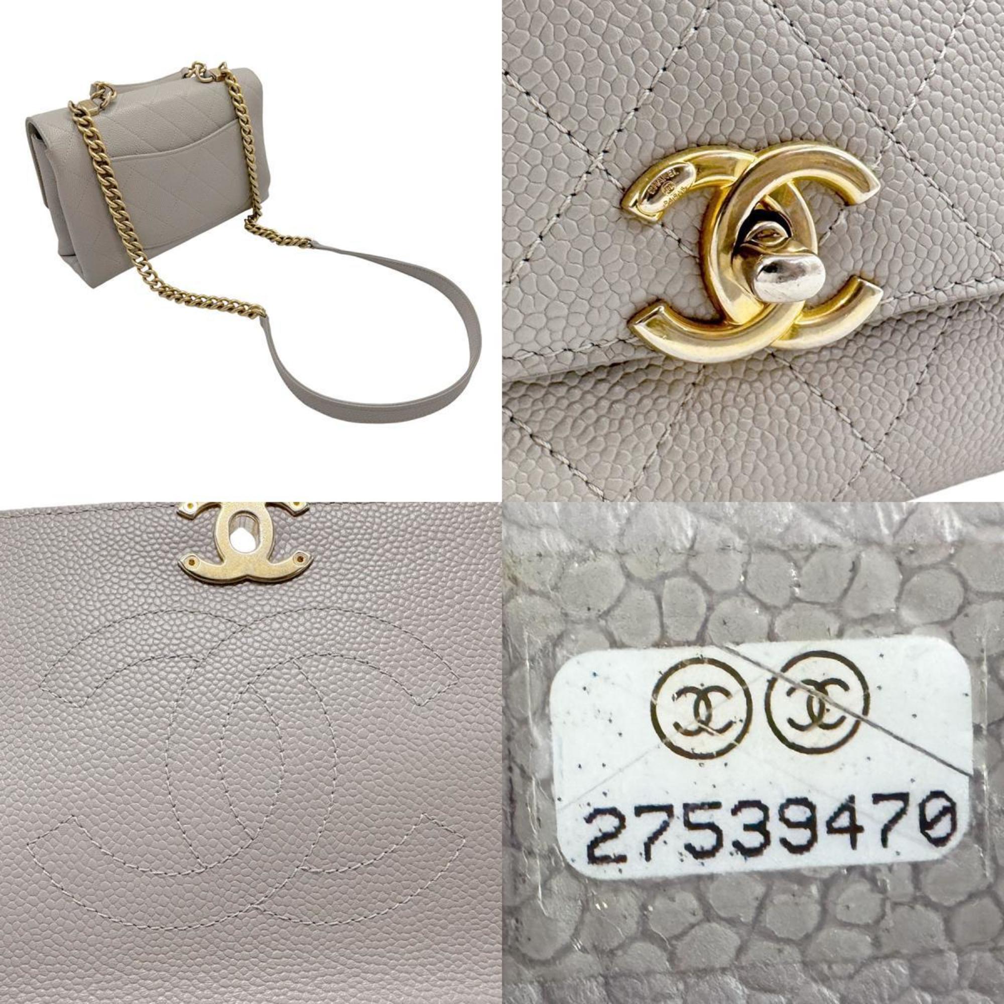 CHANEL Handbag Shoulder Bag Matelasse Caviar Skin Leather Light Gray Gold Women's z2401