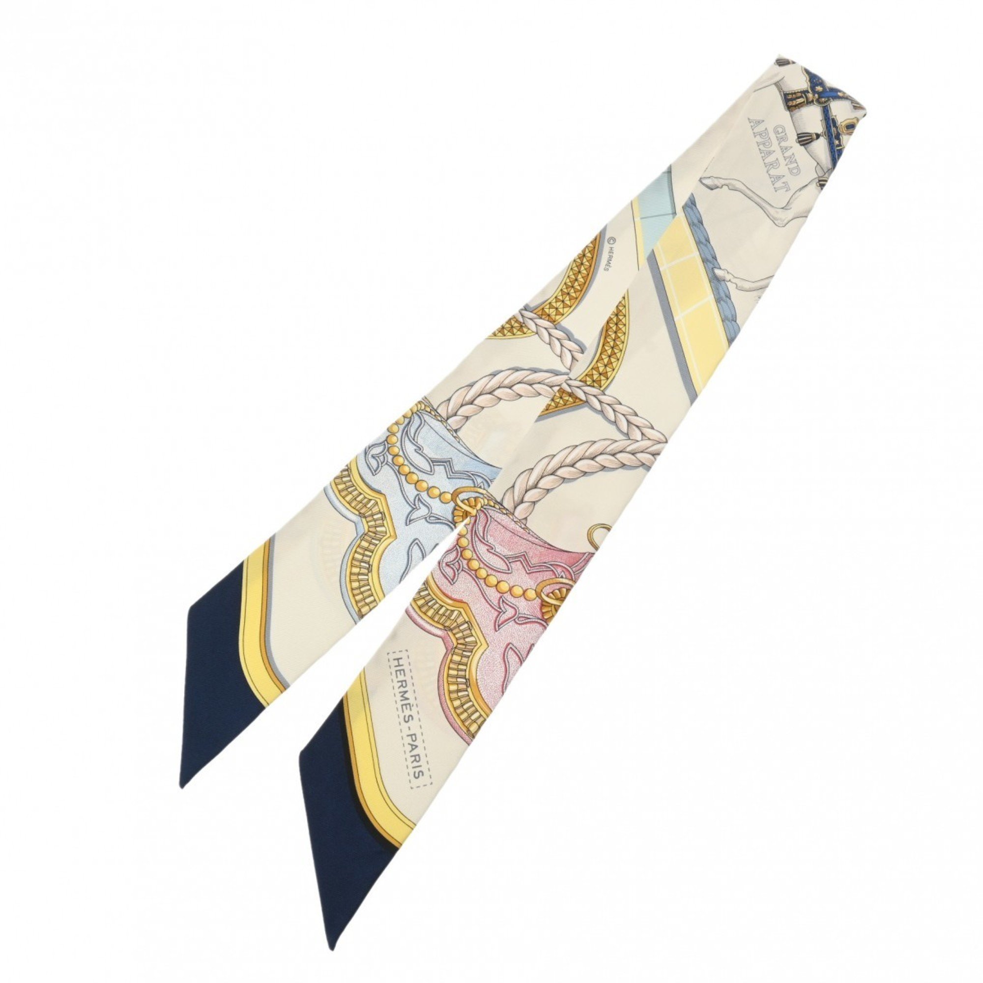 HERMES Twilly GRAND APPARAT Ivory/Marine/Pink 061364S Women's 100% Silk Scarf Muffler